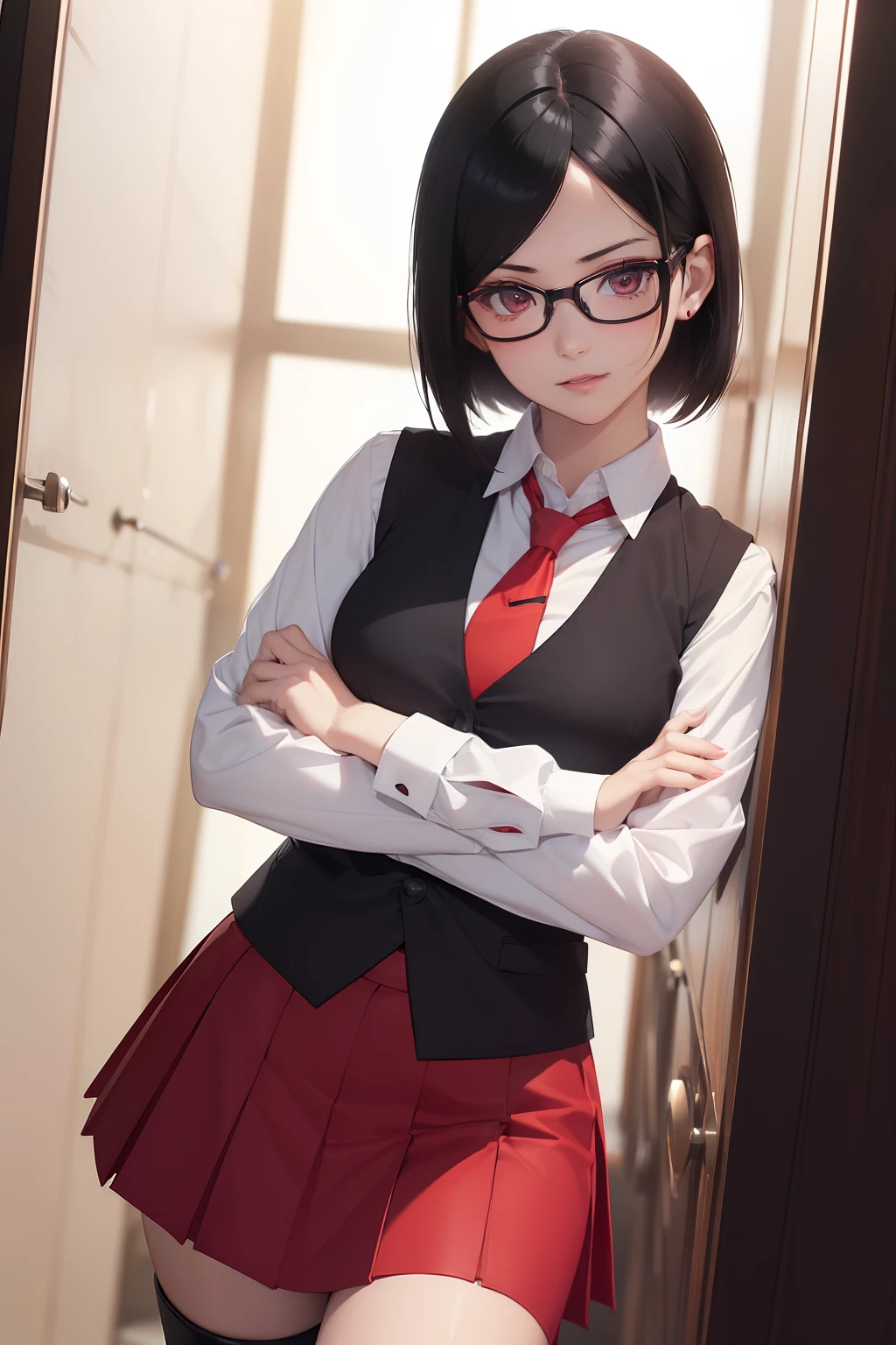 ((masterpiece, best quality, cinematic, photorealistic, ultra-detailed)), perfect anatomy, perfect eyes, perfect hands, ((medium shot)), ((anime girl, Sarada Uchiha)), ((shoulder-length black hair, she keeps and parted to the right)), (wears a pair of red-framed glasses), ((wears a vermilion jacket, under which there is a cream-colored vest, under which she has a high-collared white shirt with a red tie, wears a red skirt and black open-toed boots)), ((cheerful pose))