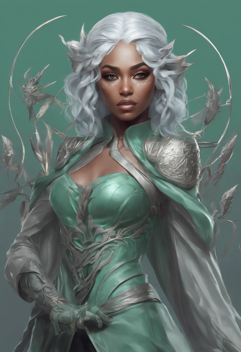 Solo female elf, dark gray skin, (((drow)), mint green hair, front view, looking at the observer with a frown, holding a dagger, perspective, controlling a magic swarm of insects