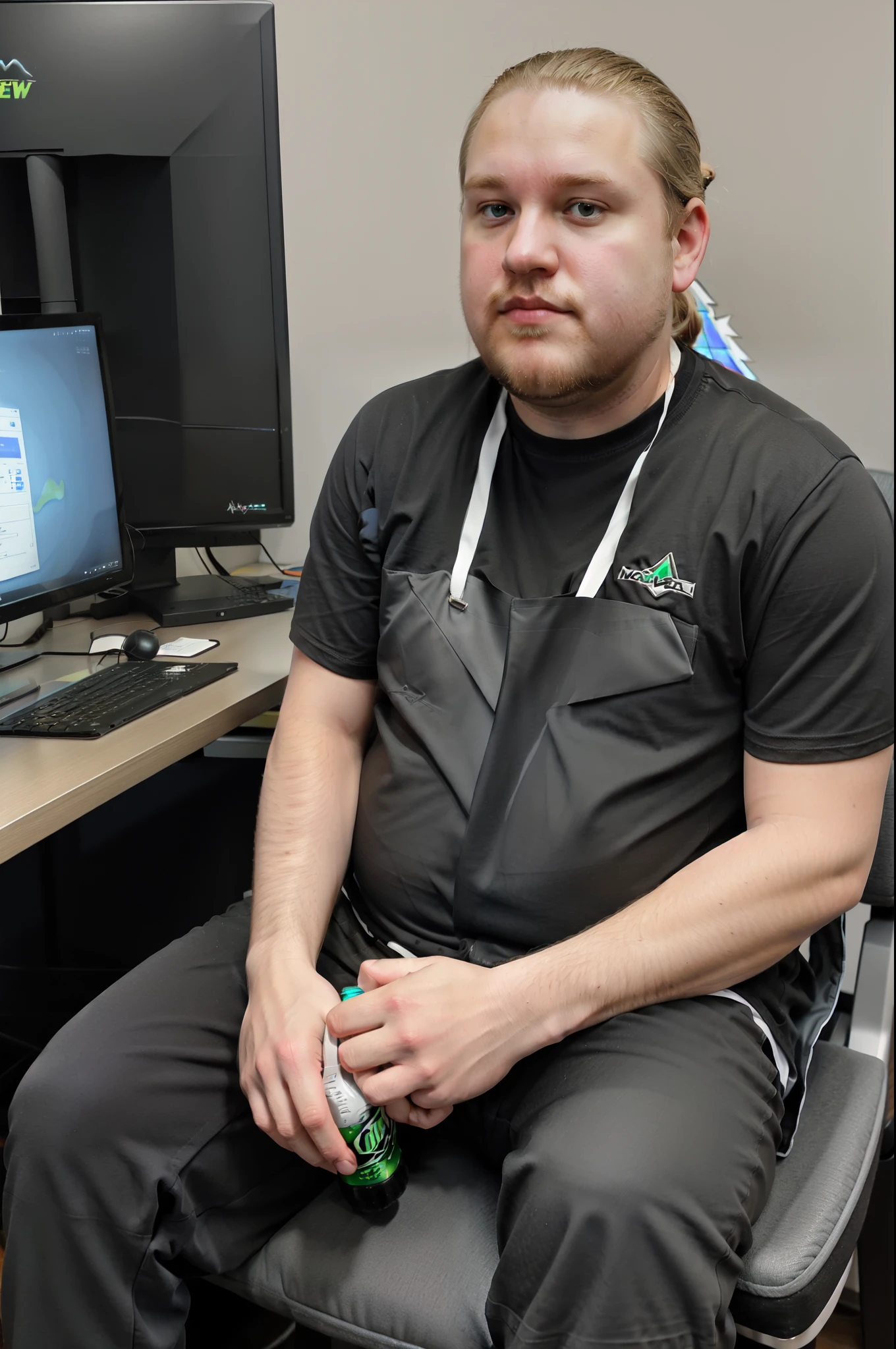 Matt, long blonde hair, pony tail, beard, fat, obese, sitting in a computer chair, holding a bottle of Mountain Dew, sitting in front of a computer, wearing black t shirt, pants