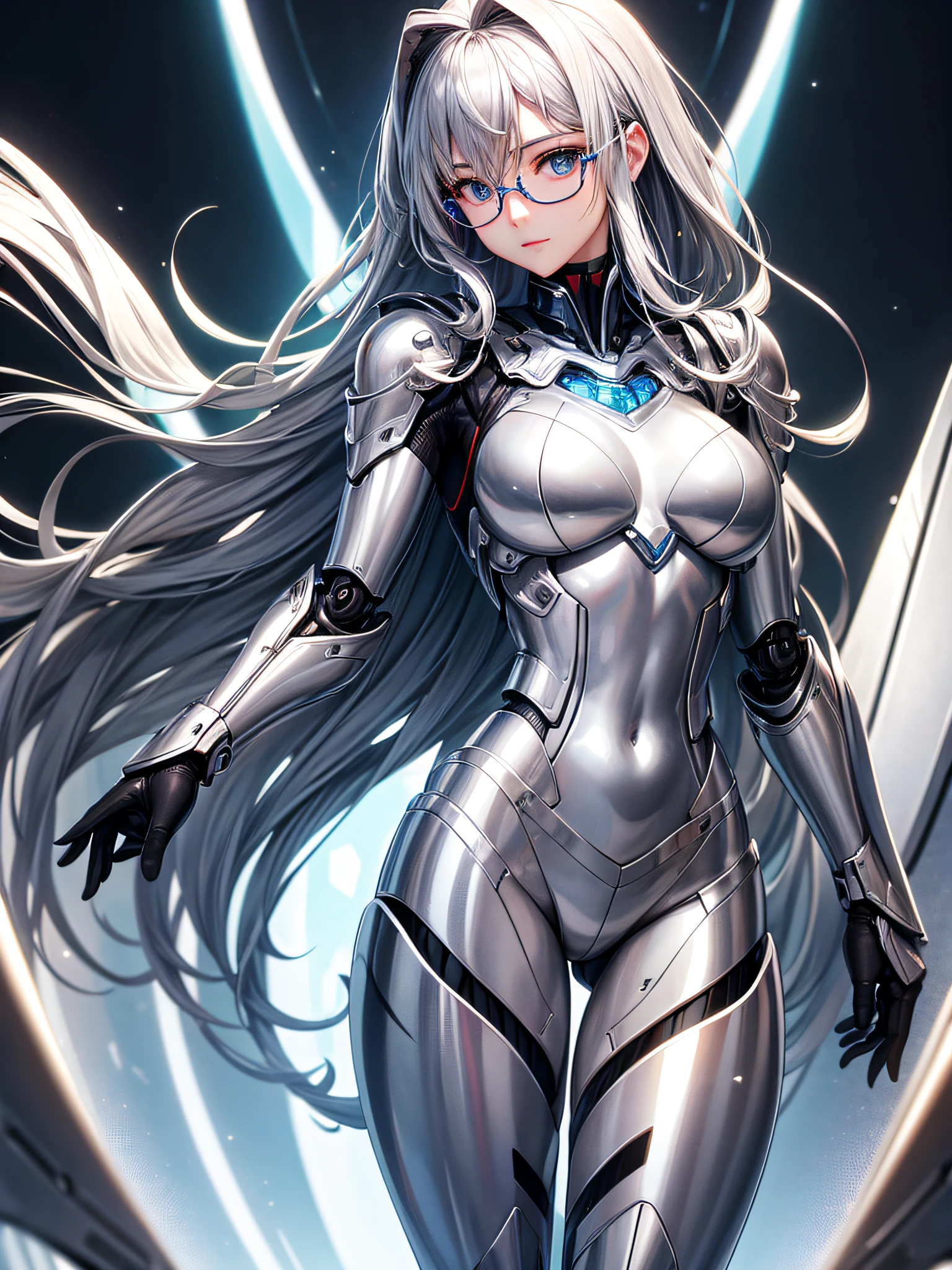 5 8K UHD、Silver metallic body mechanical beauty posing with glasses、Silver metallic robot with hidden skin shiny