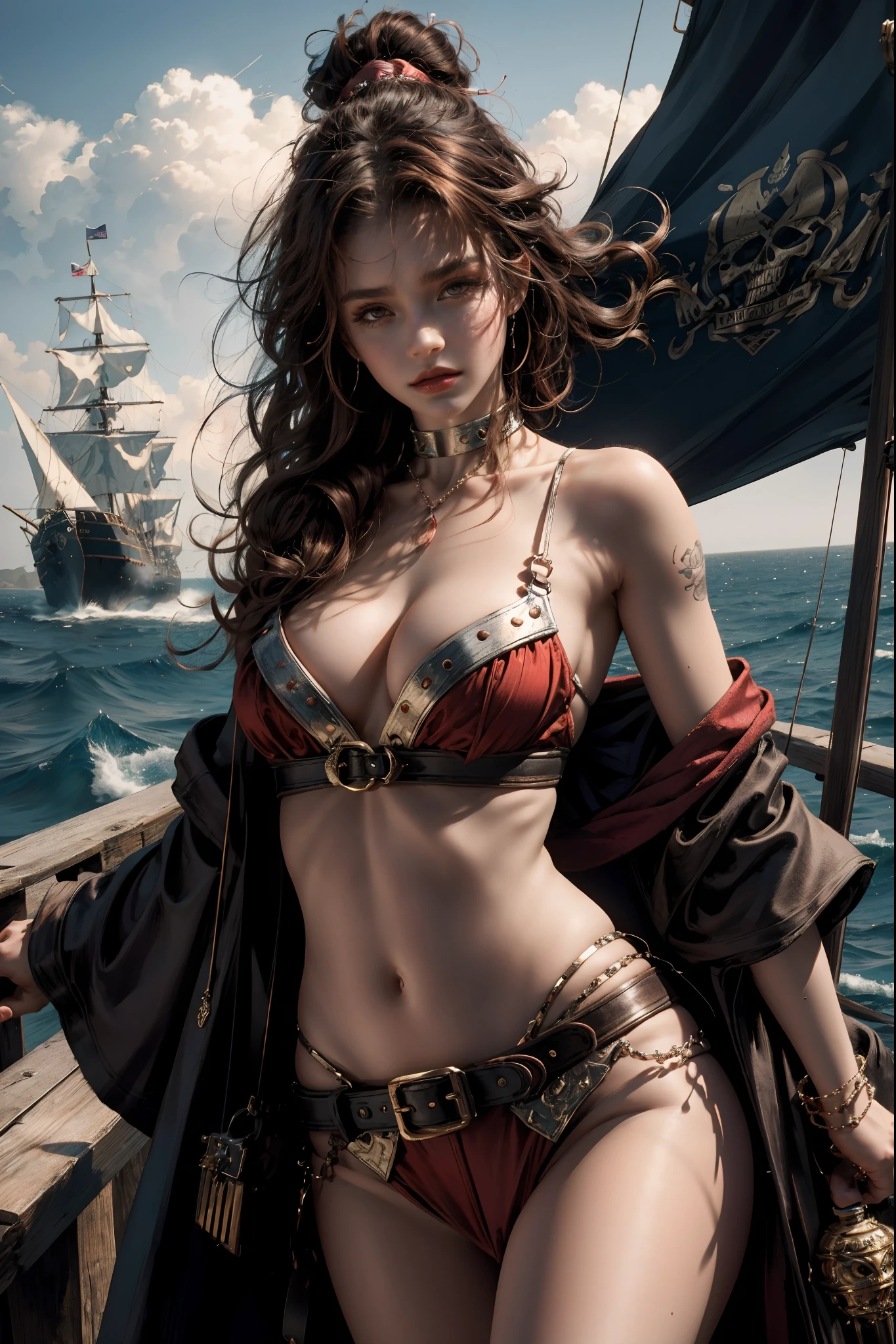 Gorgeous pirate girl on a pirate ship at sea, sexy girl, short curly reddish-brown hair, oily skin, sexy masterpiece, best quality, highest quality, high definition, highly detailed, 8K, athletic and fit body, naughty, perfect hands, detailed hands, perfect eyes, detailed eyes, flirty, sexy, realistic, HDR, UHD, dynamic, large boobs, cleavage, intricate details, skimpy pirate clothes