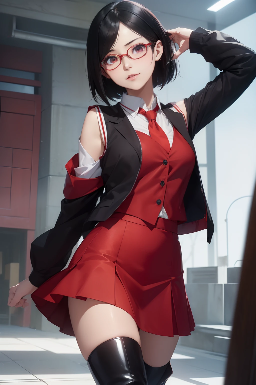 ((masterpiece, best quality, cinematic, photorealistic, ultra-detailed)), perfect anatomy, perfect eyes, perfect hands, ((medium shot)), ((anime girl, Sarada Uchiha)), ((shoulder-length black hair, she keeps and parted to the right)), (wears a pair of red-framed glasses), ((wears a vermilion jacket, under which there is a cream-colored vest, under which she has a high-collared white shirt with a red tie, wears a red skirt and black open-toed boots)), ((cheerful pose))