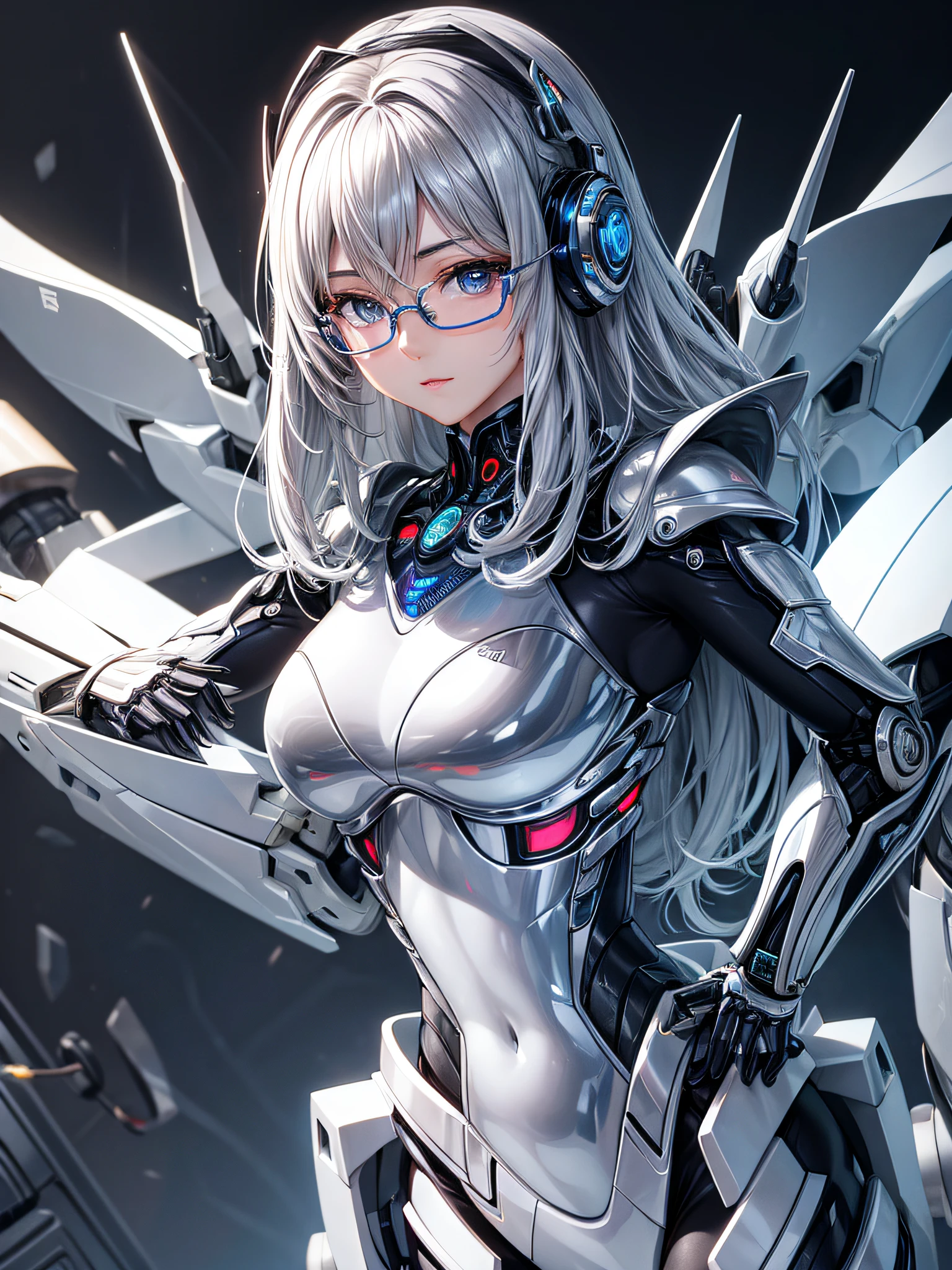 5 8K UHD、Silver metallic body mechanical beauty posing with glasses、Silver metallic robot with hidden skin shiny