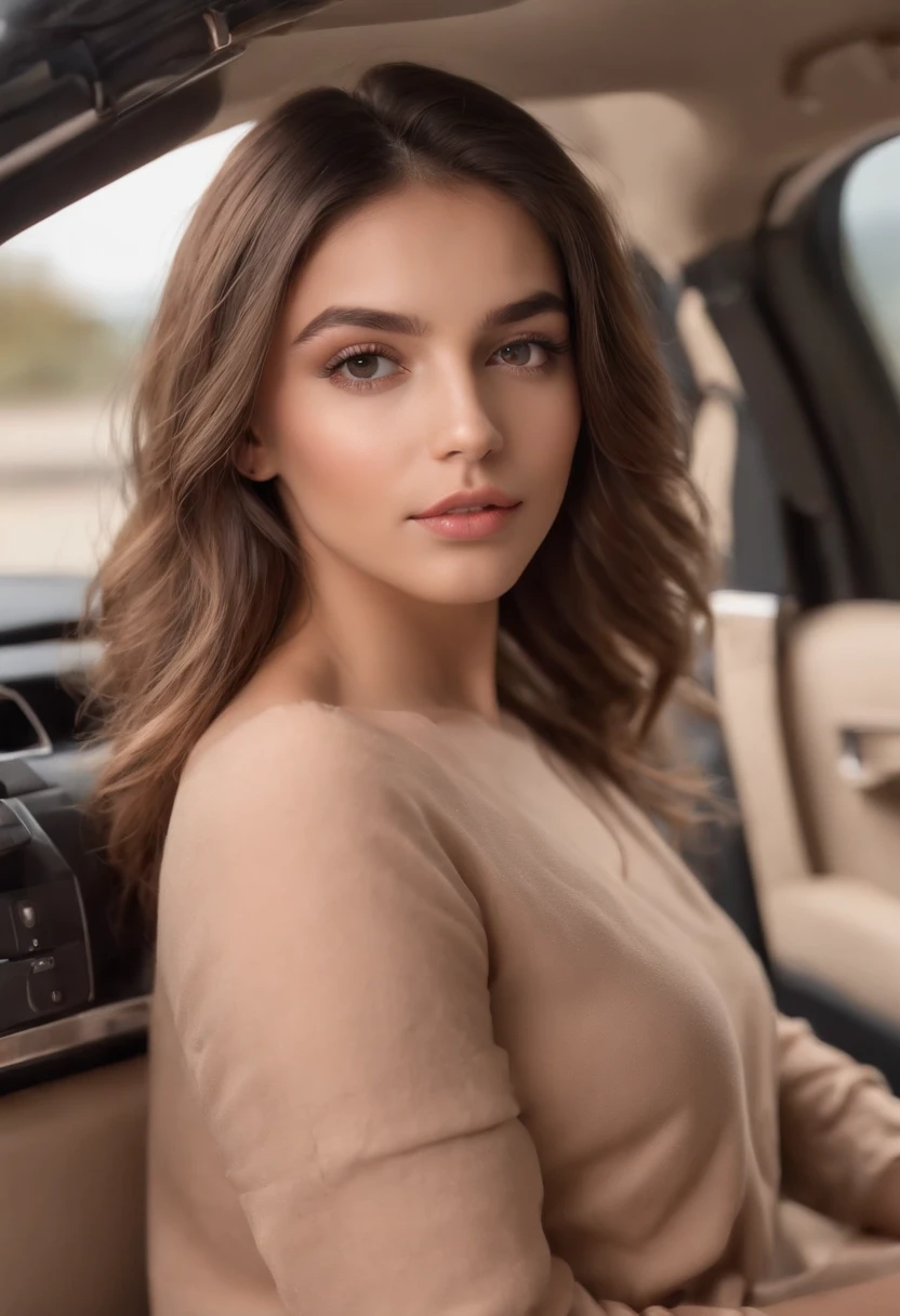 ((Italian tanned skin, Attractive 25 year old Italian )), ((Its beauty is undeniable)), ((Excited cute face)), ((Hyper-detailed brown eyes,)), ((pose mignonne)), sexy, porter un t-shirt noir sur un pantalon marron, (( cheveux longs,)), (( peau)), ((assis, vue de face)), ((toucher ses propres jambes dans une pose sexy)), Elle se prend en selfie dans une voiture la nuit, see the inside of the car but don't know if she's going to be able to do it, super realistic, Sharp Focus CGI, photoreallistic, High detail, Realstic, ((imperfections visibles, belle mais pas parfaite)), ((Rousseur)), ((regard coquin)), ((Apparent facial defects)), ((Taupes)), Best quality, Hdr, High quality, high-definition, Extremely detailed, 8k wallpaper, Intricate details, 8K UHD, Full-HD, (photo realist:1.2), contraste, intense illumination, lighting cinematic, natural lighting, hard light, contre-jour, Illumination globale, occlusion ambiante, sein moyen 2.0