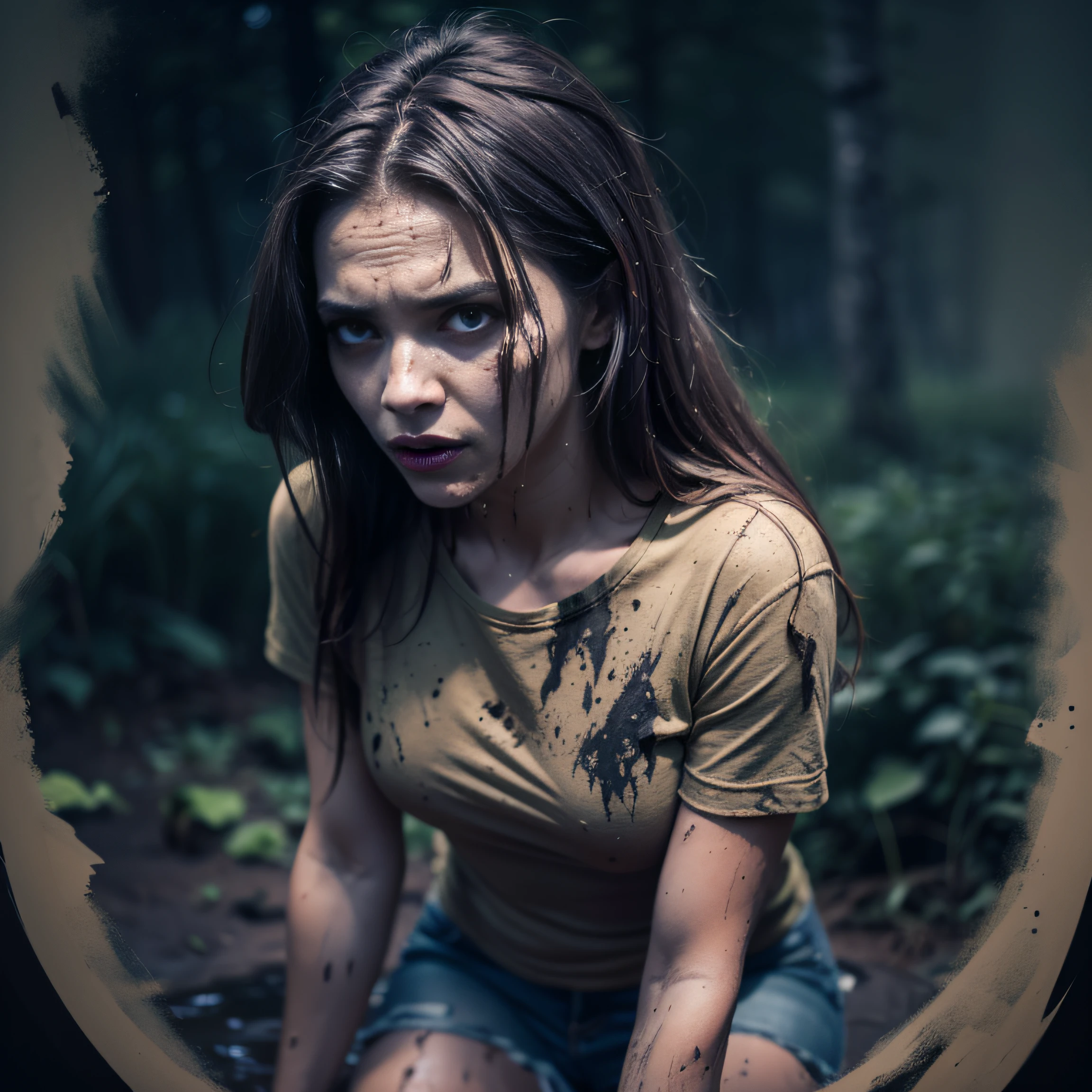 Black Sky, Sinister Night, Woman wrestling in the dark, At the bottom of a deep pit, drowning in a swamp. (Sexual tension). (standingn). Danger. The surrounding forest is dense, Sinister and gloomy, Casting strange shadows on the ground. Impending Doom. luna, Hidden behind heavy black clouds,,,,,,,, (Low Stage Lighting). The woman is emaciated, Her muscles cramped. her hair is messy, Her face and clothes are stained with mud. Her denim skirt, T-shirt and lace stockings, Stained with mud. She looks like a creature from a horror movie, She found herself trapped in a dark and hostile environment with no hope of escape,