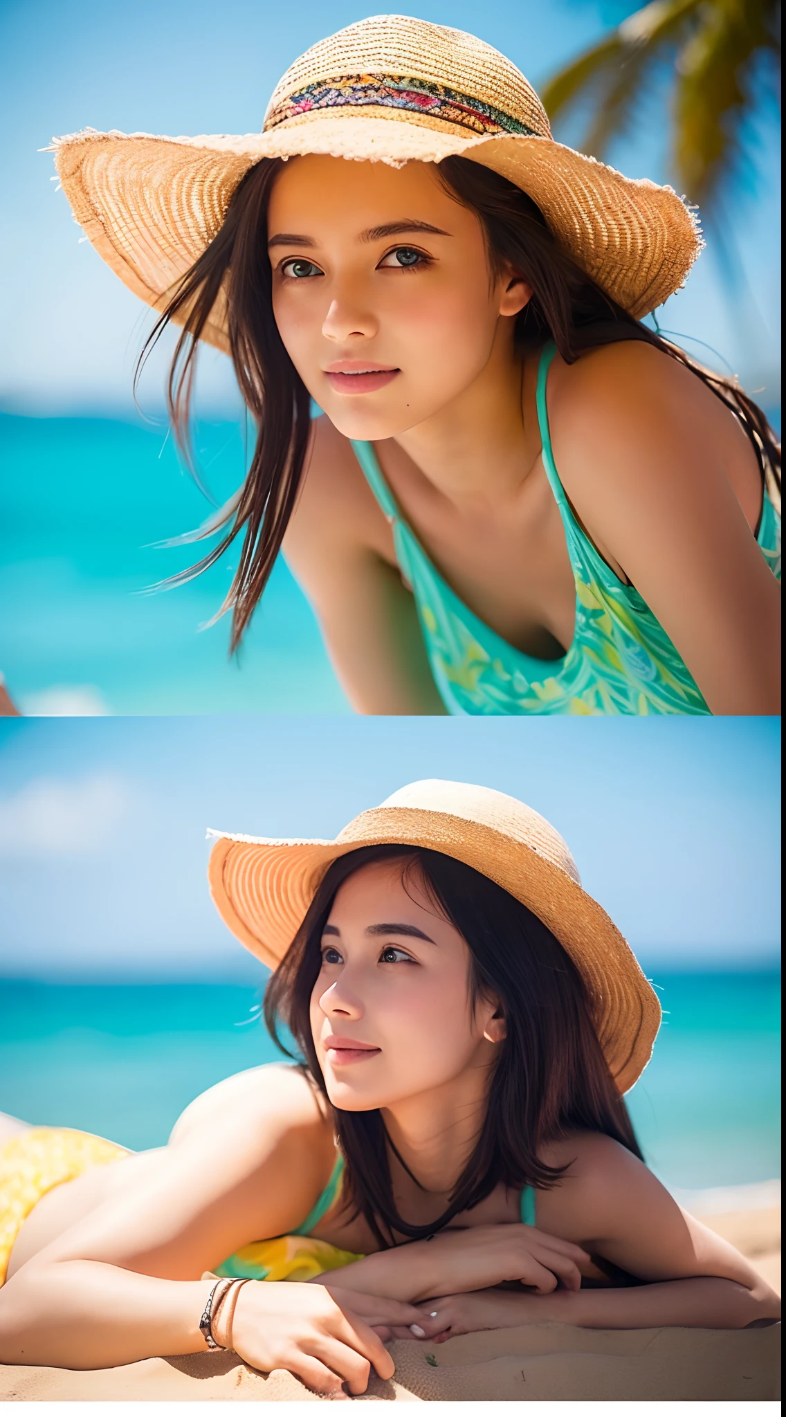 Women with heterochromia enjoying summer time on the beach. She wears a straw hat，sunbathing at the beach. The sunlight contrasts with the bright eye color. Turquoise waves gently lapping against the coastline，Add a tranquil atmosphere to the website. The woman's flowing hair was gently brushed by the warm breeze. The sand is delicate and golden, Create a picturesque background for the bright colors of your scene. The artwork is finished in a realistic style，With clear focus and extreme detail description, Capture the nuances of feminine characteristics and environments. The colors in the artwork are vibrant and vibrant, Cheerful ambiance, Create visually stunning effects. The lighting in the scene is soft and warm, The soft glow that mimics the summer sun.