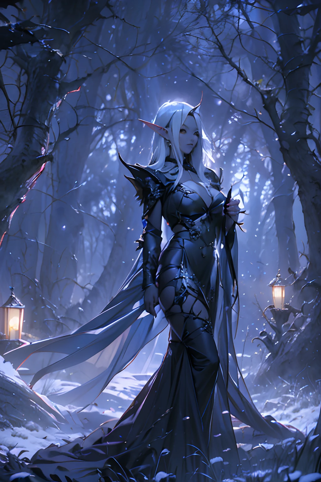 (ultra-detailed,highres,best quality:1.2), Dark Elf, blue Black skin, Snow white hair, Necromance, dark forest, elegant pose, enchanting gaze, nature-inspired outfit, elven ears, misty atmosphere, dark ambiance, dark fantasy realm