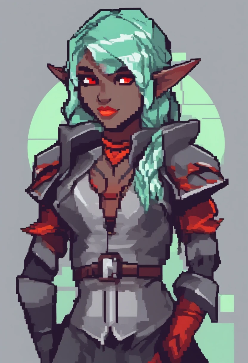 Solo female drow elf ranger, dark gray skin, mint green hair, red eyes, front view, looking at the observer with a frown, drawing back a bow, perspective, swamp witch