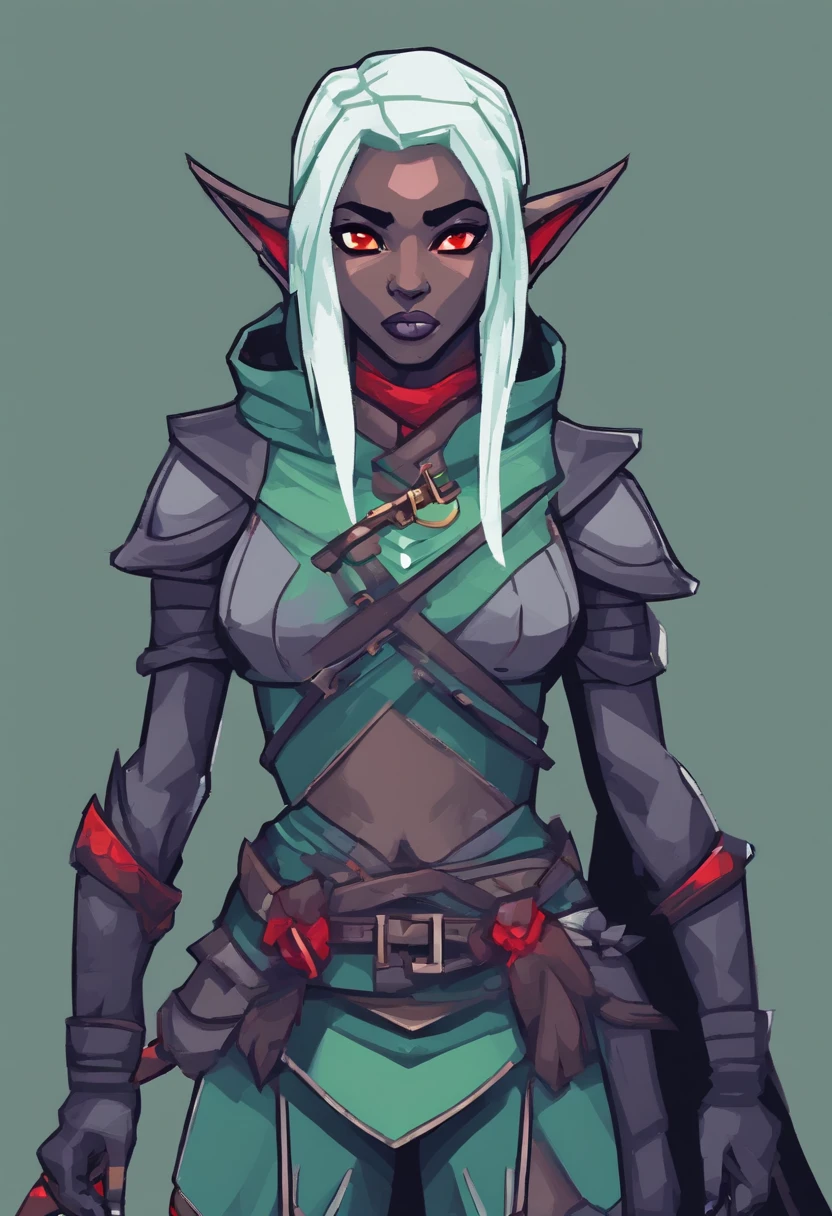 Solo female drow elf ranger, dark gray skin, (((drow)), mint green hair, red eyes, front view, looking at the observer with a frown, holding a bow, perspective, swamp witch