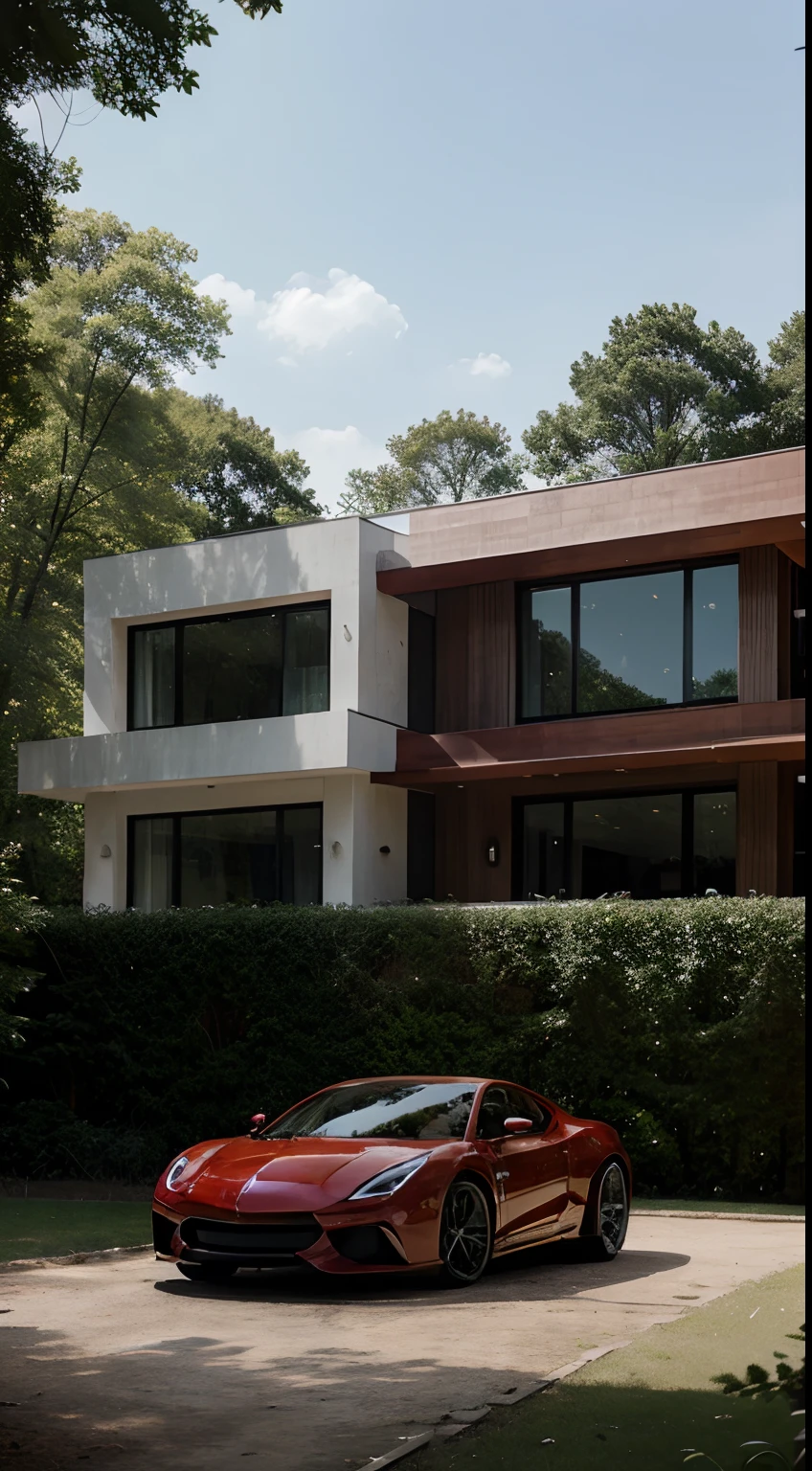Modern mansion in the woods with red luxury car parked in front