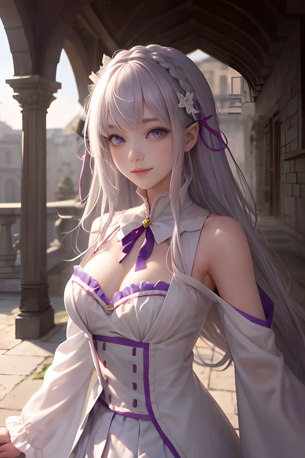 top-quality、hight resolution、ultra-detailliert、8K, Emilia、Emilia Masterpiece、top-quality, There is a girl in the courtyard of the castle, bangss, Clothes are white, Long cuffs, Bare_shoulders, blunt_Bangs, bblurry, Blurry_Background, Blurry_Foreground, red blush, Braids, breastsout, cleavage of the breast, Closed_Mouth, ​​clouds, diadems_braid, tag, Depth_In the_field, Detached_sleeves, doress, Emilia_\(Re:Staynight\), eyebrows_Visible_through_hair, florals, Pedras preciosas, hair_flower, hair_ornament detached, hair_bow ribbon, lens_f lare, long_hair, up looking_で_viewer, low-tied_long_hair, Medium_breasts, One_eye_Closed, plein air, pleats_Skirt, spiky_Ears, Purple_Eyes, Purple_bow ribbon, bow ribbon, Silver_hair, skirt by the, Skysky, A smile, 独奏, very_long_hair, white_flower