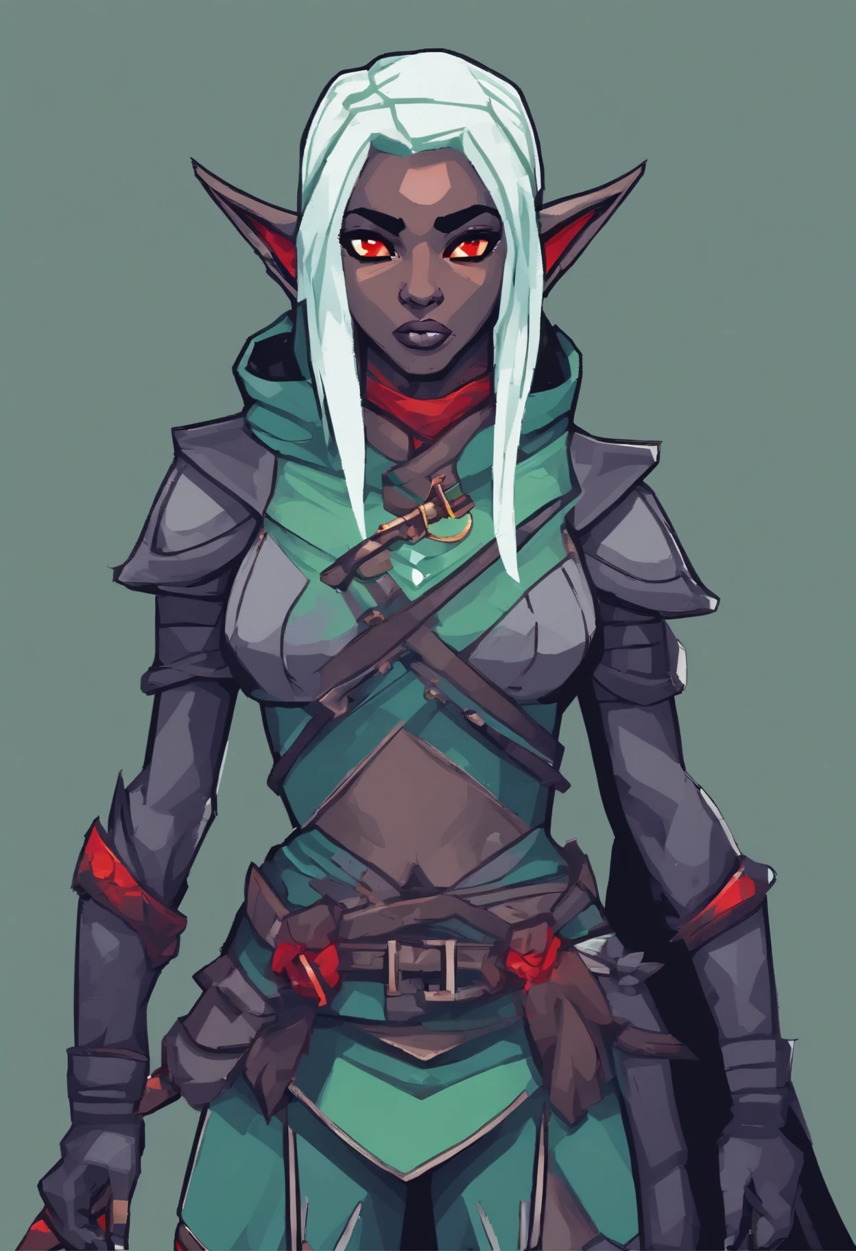 Solo female drow elf ranger, dark gray skin, (((drow)), mint green hair, red eyes, front view, looking at the observer with a frown, holding a bow, perspective