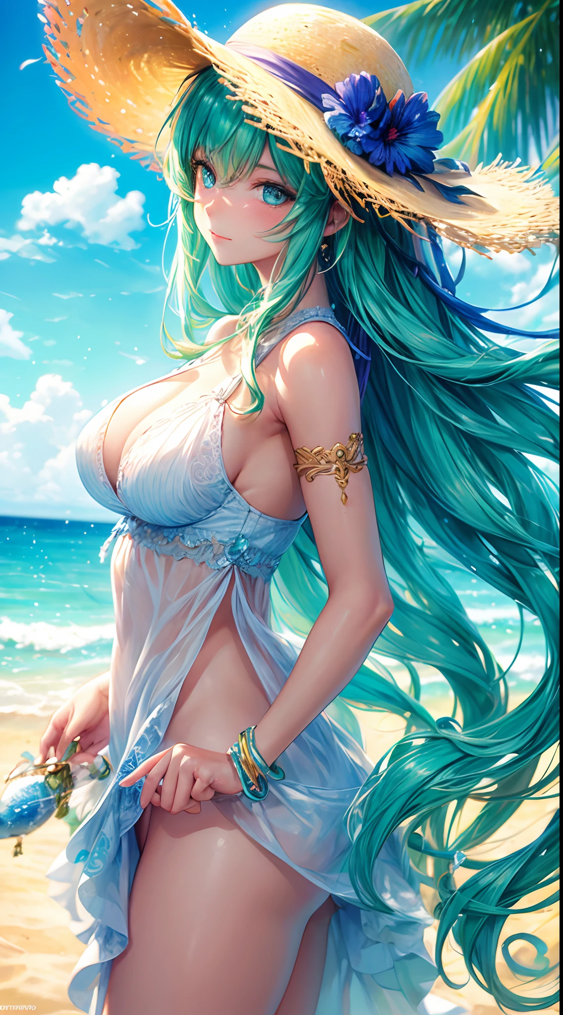 Women with heterochromia enjoying summer time on the beach. She wears a straw hat,sunbathing at the beach. The sunlight contrasts with the bright eye color. Turquoise waves gently lapping against the coastline,Add a tranquil atmosphere to the website. The woman's flowing hair was gently brushed by the warm breeze. The sand is delicate and golden, Create a picturesque background for the bright colors of your scene. The artwork is finished in a realistic style,With clear focus and extreme detail descriptions, Capture the nuances of feminine characteristics and environments. The colors in the artwork are vibrant and vibrant, Cheerful ambiance, Create visually stunning effects. The lighting in the scene is soft and warm, The soft glow that mimics the summer sun.