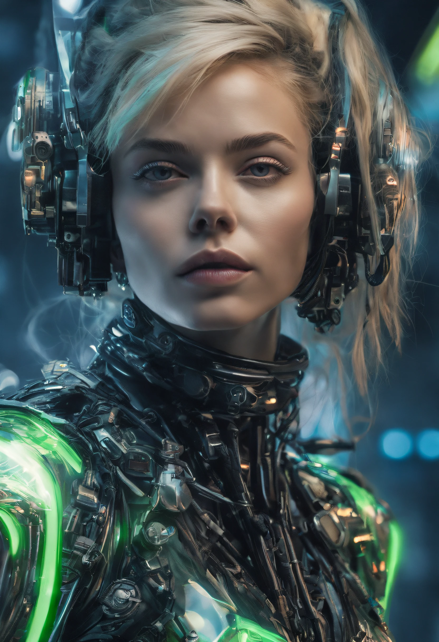 (Hyperrealistisch), (hight resolution), (Extrem detailliert), Beautiful white skin, Hair color changes with the light, Sexy, Dynamische Pose, Dramatische Beleuchtung, Instagram (Englisch), (Chloë Grace Moretz), (Seductive Smiling: 0.7), Blick in die Kamera, Lange blonde Haare, Glattes Haar, Green eyes that shine, 18 Jahre alt, small boobs, Lange Beine, runny, muscular, in skin-tight costume, Crop-Oberteil, als Cyborg Superheldin, mit vielen Cyberpunk Augmentationen, NSFW, in a gritty cyberpunk command center, Überwachungszentrale.