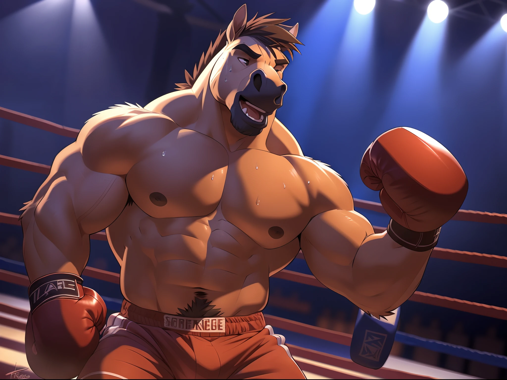 anthro horse:1, lora:spirit, (front view:1.2). 4k, high resolution, best quality, posted on e621, solo, anthro body, male, adult, masculine, (slim, strong pectorals, define muscles, muscular shoulders), correct anatomy, (boxing ring background, gym background), (blurry background, out-of-focus background:1.2), (by takemoto arashi:1.0), (by Taran Fiddler:0.5), sexy, (cel shaded, cartoony shading:1.2), black lineart, black outline, flat coloring, (strong shadows, dark shadows:1.2), (pink shorts, topless, boxing gloves), sexy shadows, horse tail, slim posture, grin, open mouth, sticking out tongue, cute eyes, detailed eyes, tilted head, exhausted, wet sweat:1.2, fallen, (lying on back):1.2, lying on ropes, spreaded legs, spreaded arms