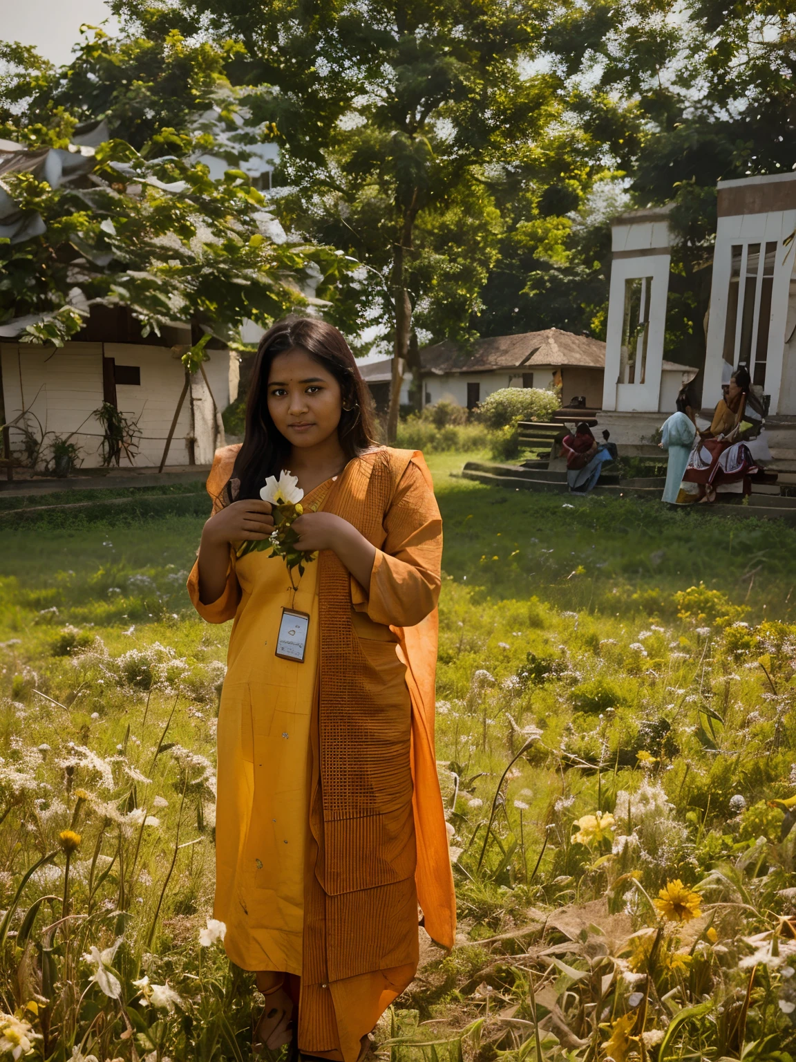 there is a woman standing in a field holding a Jawa flower, donot change the face, candid picture, at college, taken with the best dlsr camera, wearing bihu dress mekhela sador,