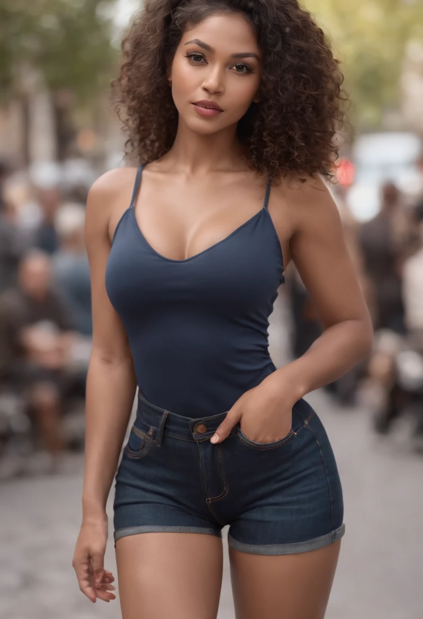 ((Peau indienne Desi, Very deep ebony skin)), ((Its beauty is undeniable)), ((cute excited face)), ((Hyper detailed perfect eyes,)), ((pose mignonne)), ((Langue sortie)), ((Attirant )), sexy, (( Tight knit shirt, shorts courts sexy)), ((Afro curly African hair afro ponytail afro,)), (( peau)), ((debout, vue de face)), ((toucher ses propres jambes dans une pose sexy)), ((dehors, Ville publique)), CGI ciblé, Fotorrealista, High detail, Realstic, Master part, 25 ans , Absurde, Best quality, Hdr, highly quality, high-definition, extremly detailed, 8k wallpaper, intricate high detail, 8K UHD, Full-HD, (photo realist:1.2), contraste, intense illumination, lighting cinematic, natural lighting, hard light, contre-jour, Illumination globale, occlusion ambiante