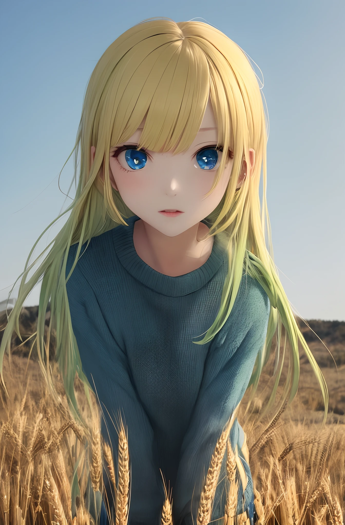 Girl in a green sweater , with long wheat-colored hair , blue eyes in anime style