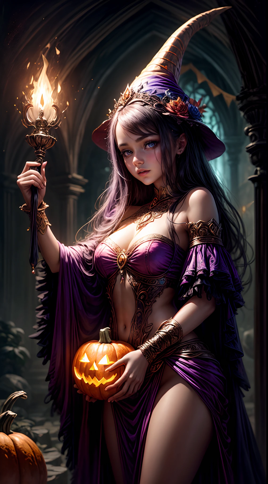 "A whimsical painting of a girl dressed as a sorceress, whimsically conjuring magic with a pumpkin and torch. Fantasy, vibrant colors, artistic, spellbinding, whimsical."