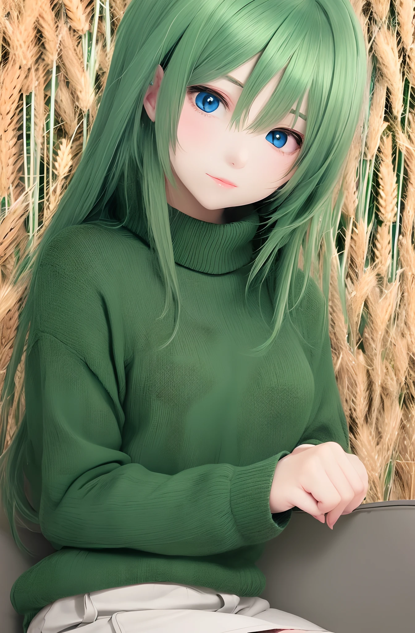 Girl in a green sweater , with long wheat-colored hair , blue eyes in anime style