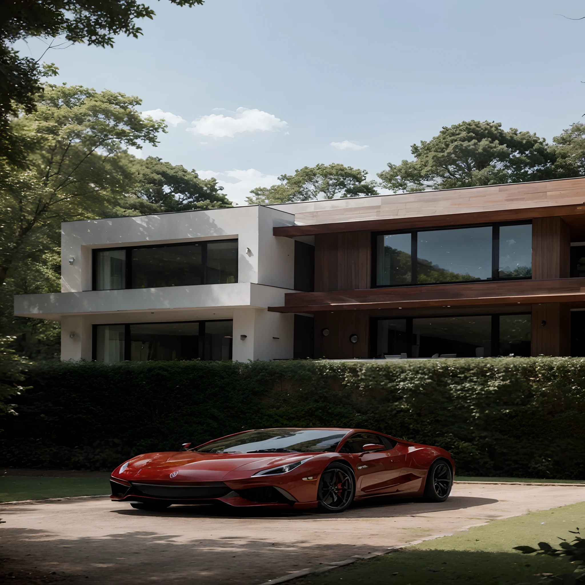 Modern mansion in the woods with red luxury car parked in front