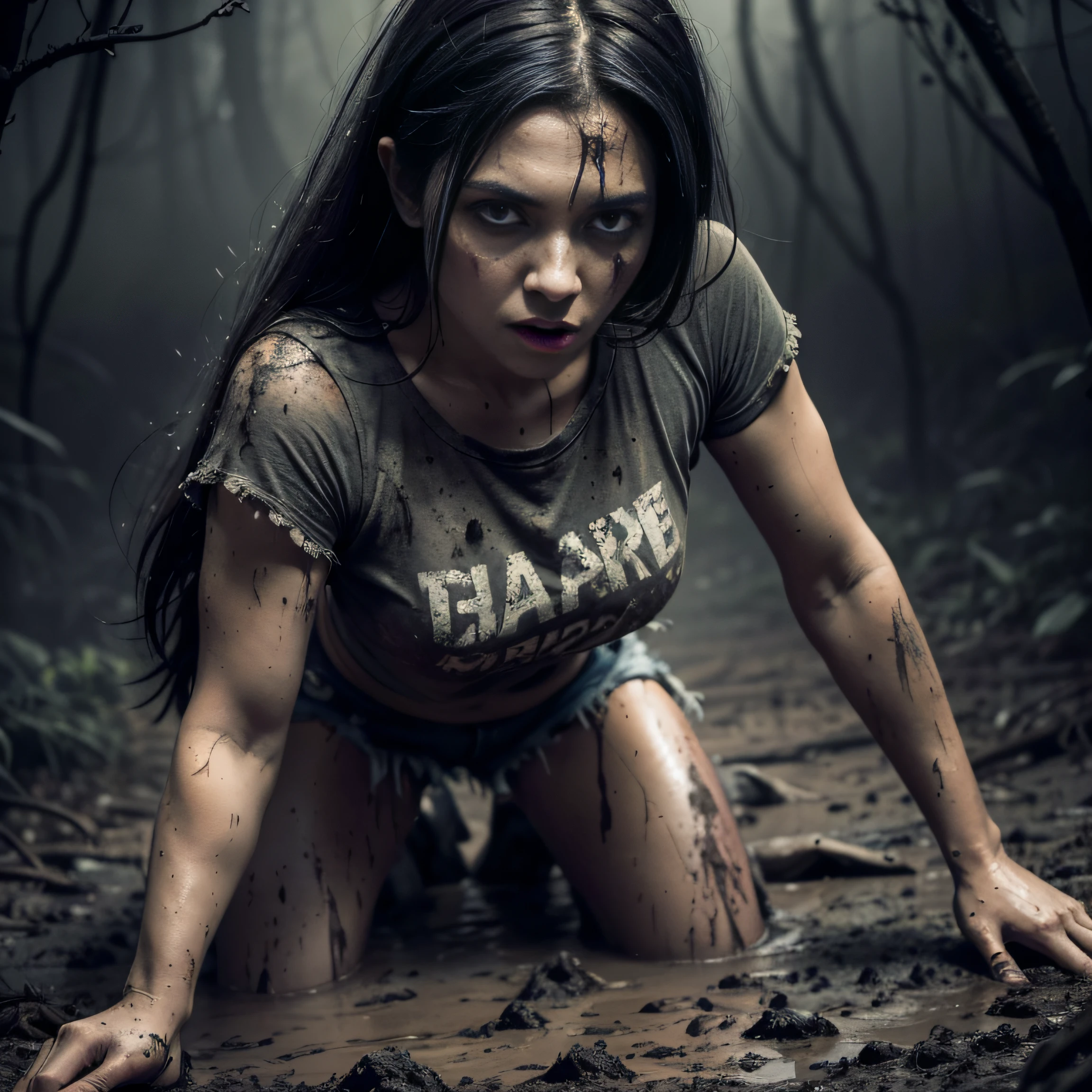 Black Sky, Sinister Night, Woman wrestling in the dark, At the bottom of a deep pit, drowning in a swamp. Standing in the mud. Danger. The surrounding forest is dense, Sinister and gloomy, Casting strange shadows on the ground. Impending Doom. luna, Hidden behind heavy black clouds,,,,,,,,,,, (Low Stage Lighting). The woman is emaciated, Her muscles cramped. her hair is messy, Her face and clothes are stained with mud. Her denim skirt, T-shirt and lace stockings, Stained with mud. She looks like a creature from a horror movie, She found herself trapped in a dark and hostile environment with no hope of escape. seducing, sensually touches himself, ecstasy
