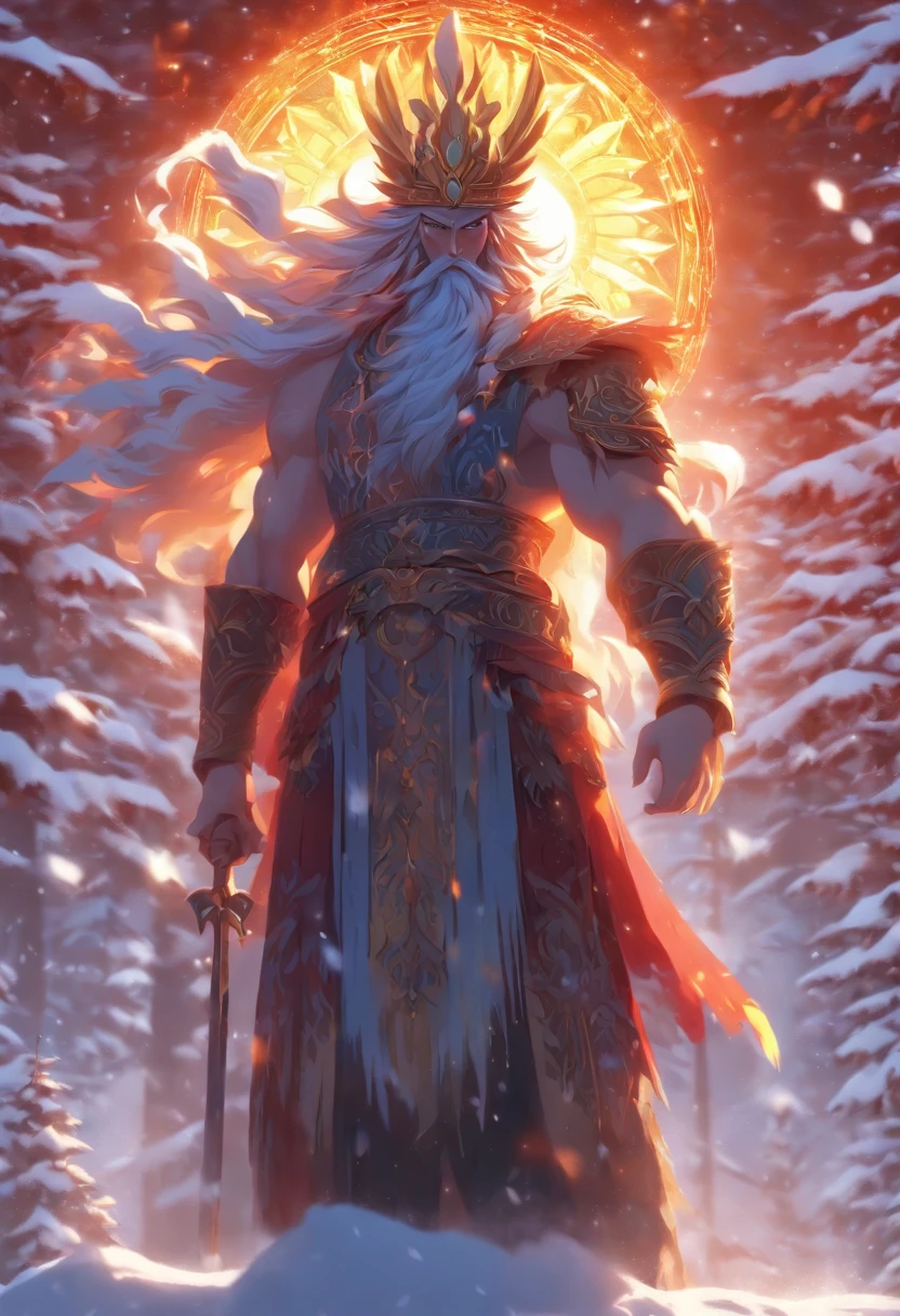 (((Dazhbog))) best quality, ultra-high resolution, 4K detailed CG, masterpiece, Slavic god,snow,sun, Slavic mythology, aesthetics, ((standing pose)), beautiful image, centered on screen , full body