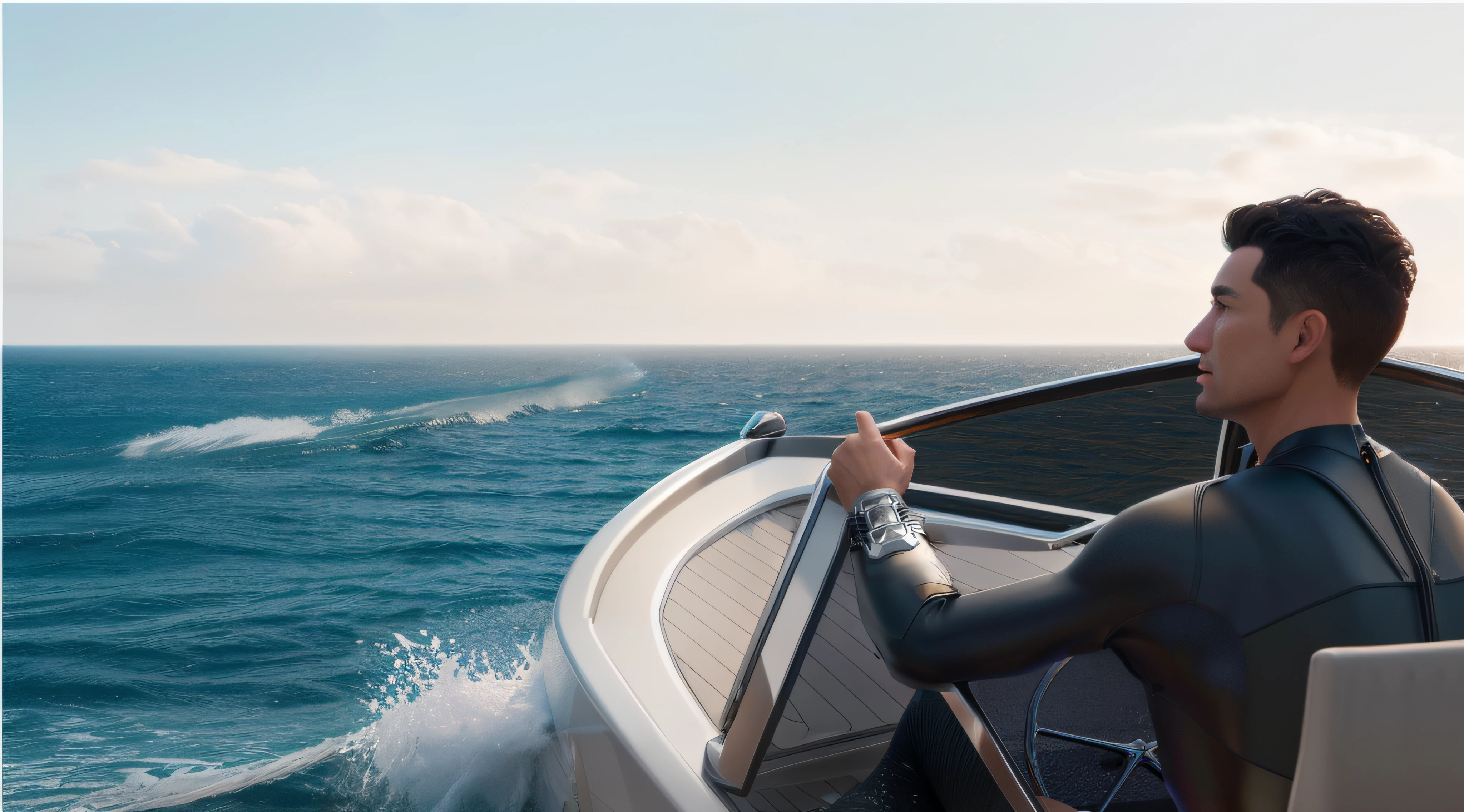 there is a man in a wet suit riding on a boat, makoto shinkai. octane render, octane render unreal engine 8 k, octane render. by makoto shinkai, concept boat, rendered in 8 k unreal engine, highly detailed octane render, fine details 8k octane rendering, octane render - 8 k, an iron man concept yacht