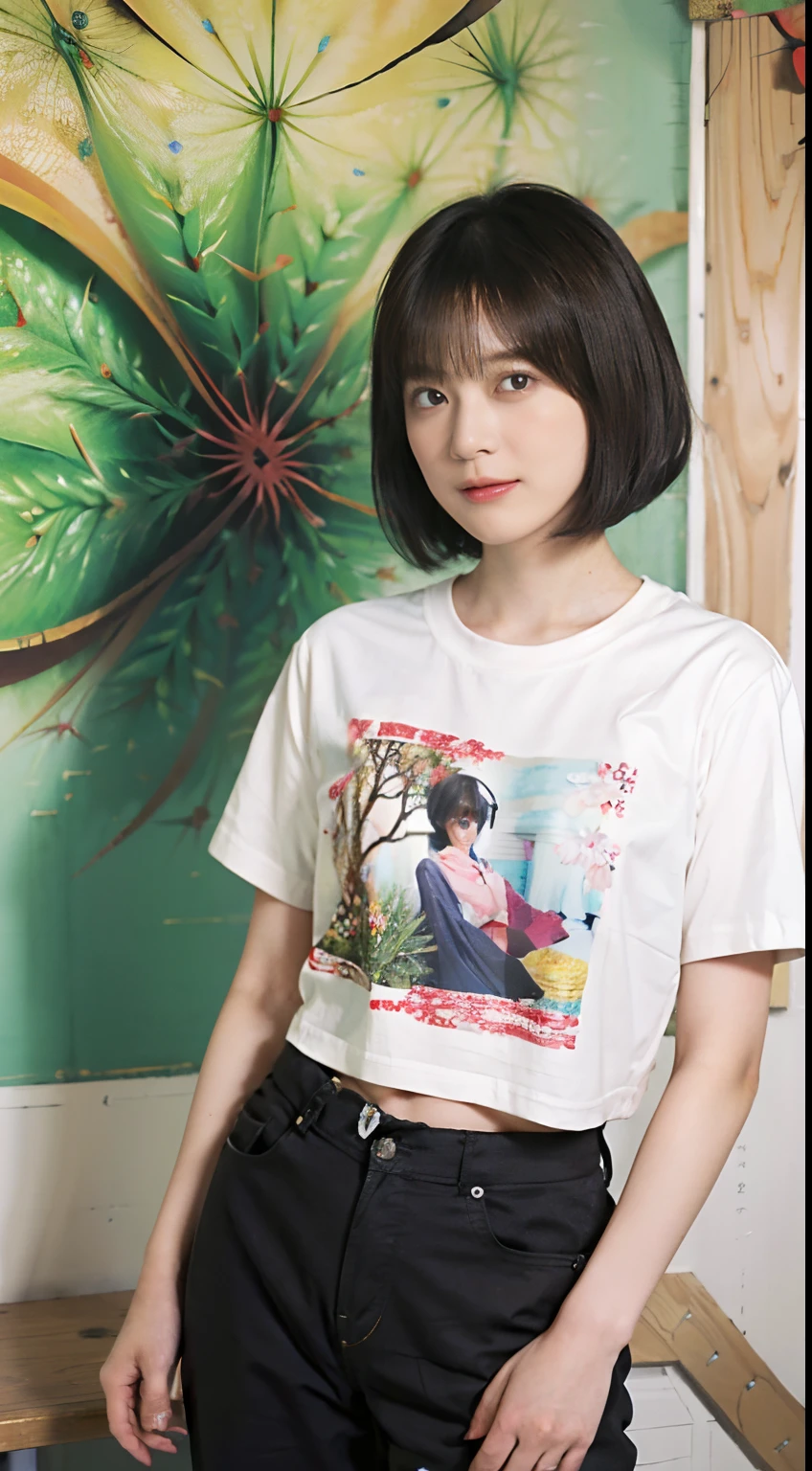 24
(Shorthair:1.23), (a 20 yo woman), (A hyper-realistic), (masutepiece), (8KUHD), Focus on the face, (Fractal Art:1.23),
Graphic T-shirt with anime characters printed, Breast, wear long pants, (The walls of the room are fractal abstractions:1.23)