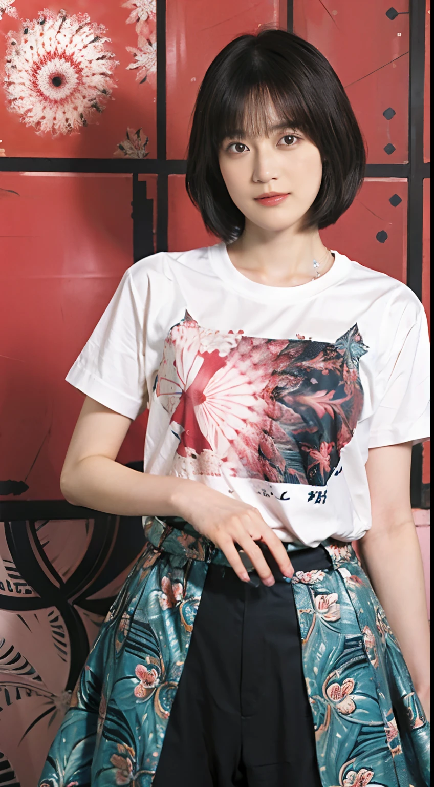 24
(Shorthair:1.23), (a 20 yo woman), (A hyper-realistic), (masutepiece), (8KUHD), Focus on the face, (Fractal Art:1.23),
Graphic T-shirt with anime characters printed, Breast, wear long pants, (The walls of the room are fractal abstractions:1.23)