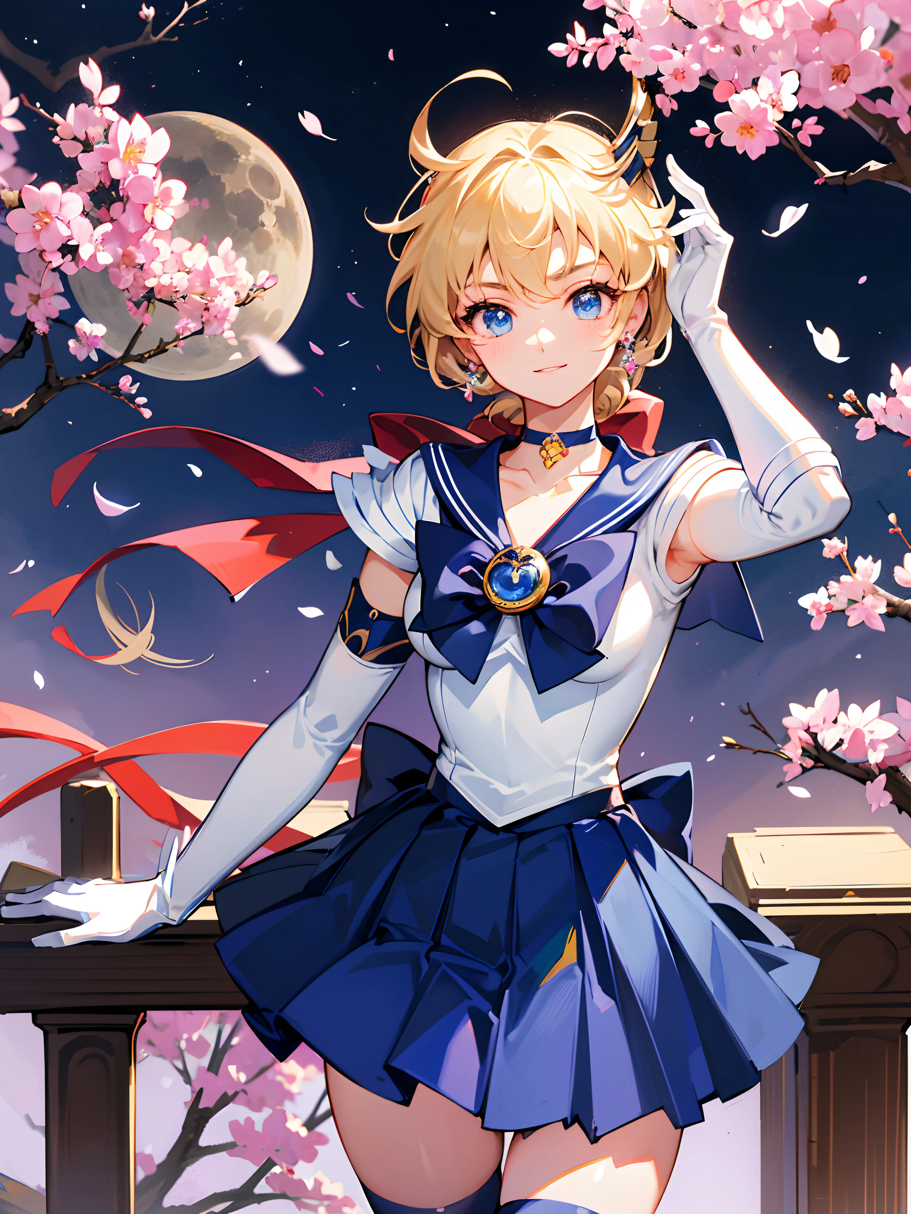 Masterpiece, Best quality, A high resolution, Moon 1, 1 girl, Solo, Sailor senshi uniform, Sailor Moon, Tsukino Usaki, Blonde, magical girl, Blue eyes, Red scarf, Elbow gloves, headbang, Blue skirt, Pleated skirt, Mini skirt, choker necklace, White gloves, jewelry, Smile, background is sakura trees,unbelievable Ridiculous,)),((extremely_Detailed_Eyes_and_face)),(Beautiful and aesthetic: 1.2),Brilliant，Ultra-precise depiction, Ultra-detailed depiction,Bokeh (85mm Shot)，(((Delicate fingers and hands:0.55))::0.85))),(Detail fingers),(((Delicate fingers and hands:0.55))::0.85))),(Detail fingers),(dynamic pose),disheveled hair