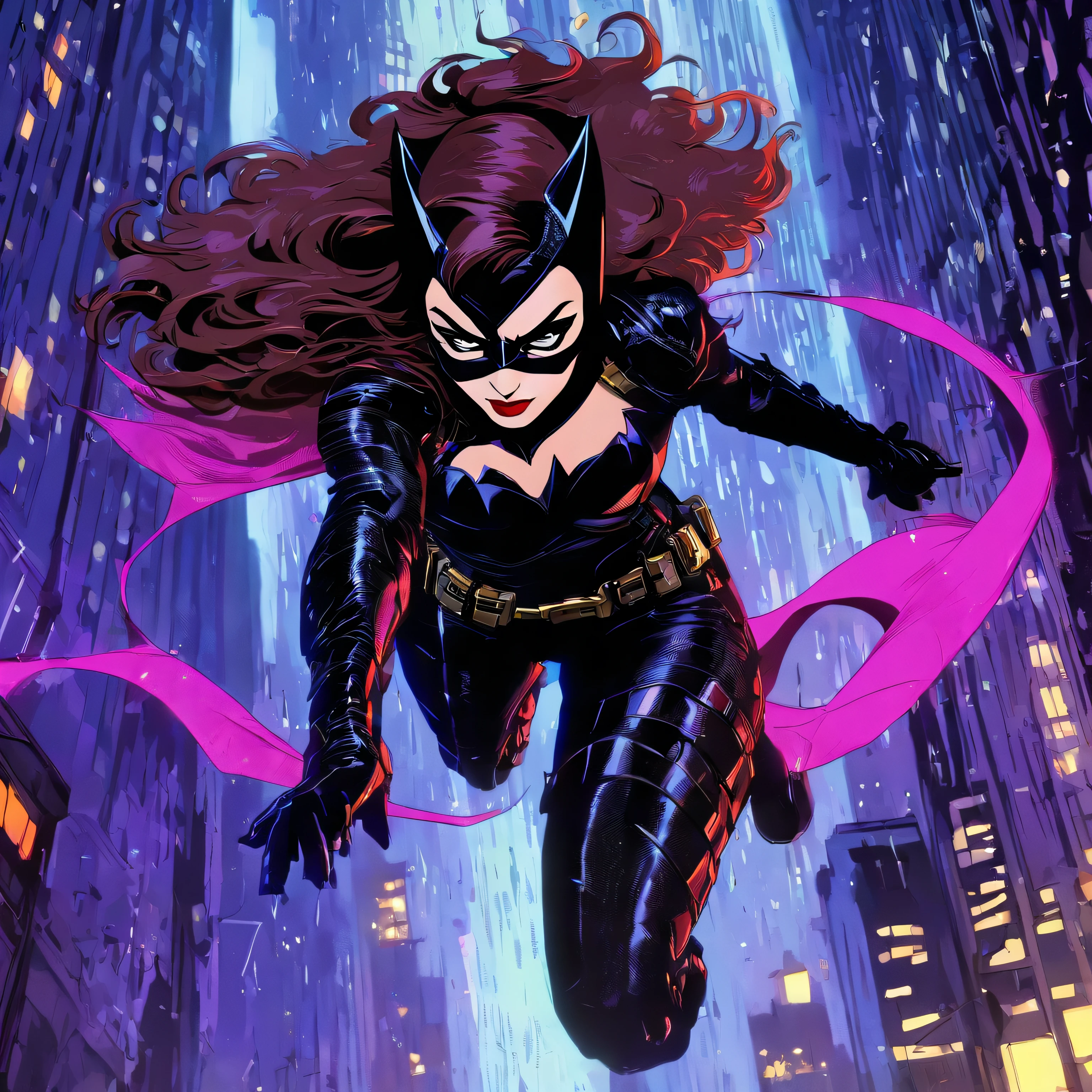 ** Photorealistic yet stylized, cel shaded anime, "The Dark Knight Rises" style, a chance encounter reveals Selina Kyle, aka Catwoman, from "The Dark Knight Rises." Anne Hathaway's performance is fascinating. Her emotions, in a close-up portrait, depict a feline-inspired vixen amidst a rain-soaked Gotham cityscape with a touch of sundew, cozy night, highly detailed, action, strong shadow effect, low angle view, chiaroscuro, beautiful lighting, cinematic, visual and aesthetic key to "The Dark Knight Rises" --niji version --s 115 --c 8 --ar 16:9 , picture of Selina Kyle , ((Cat woman)) from bat man rappelling down from a skylight at a night of a full moon into a back vault full of trip lasers to steal a red ruby diamond