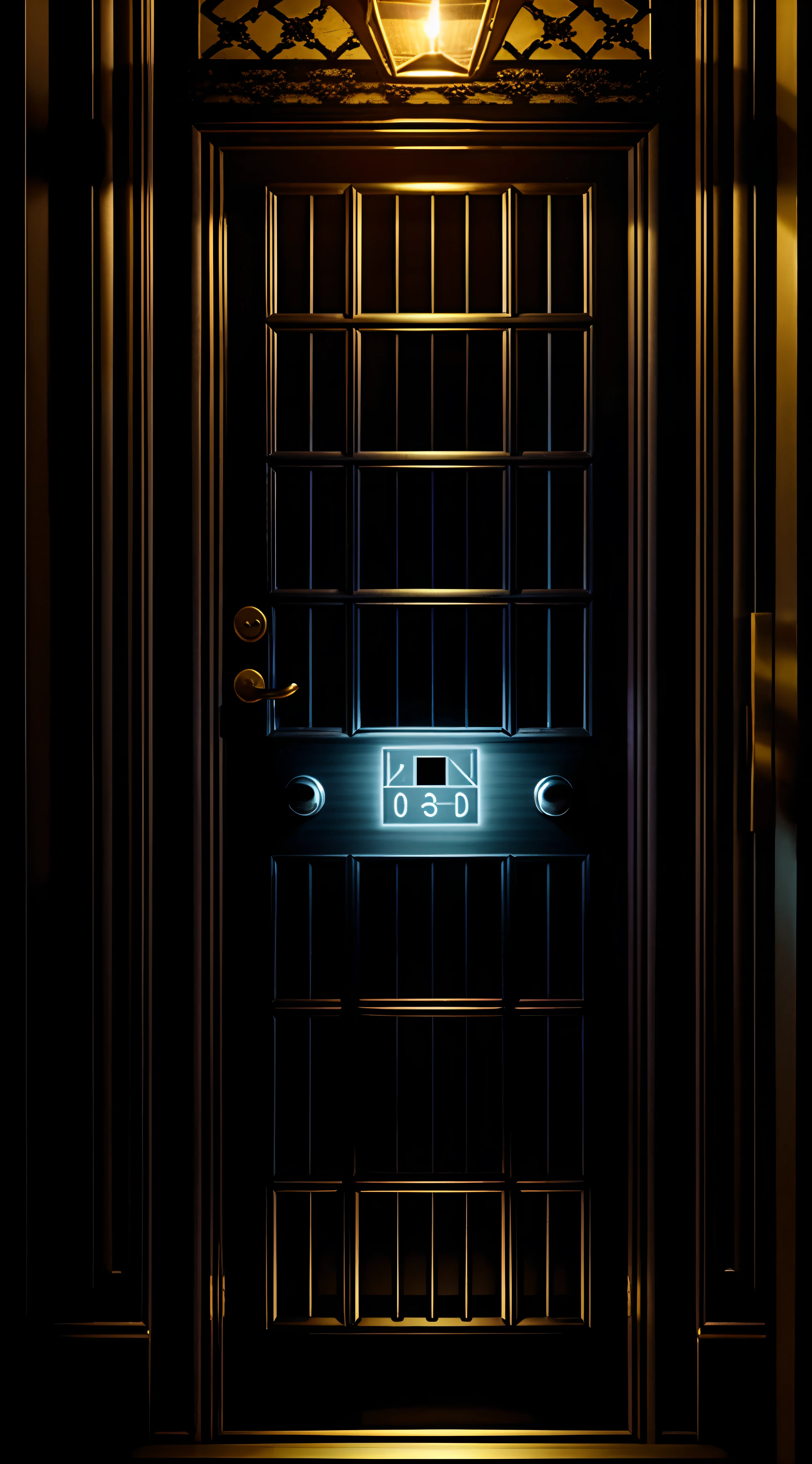 A photograph photorealistic realism, a high tech metal security door code pad glowing in a haunted horror mansion