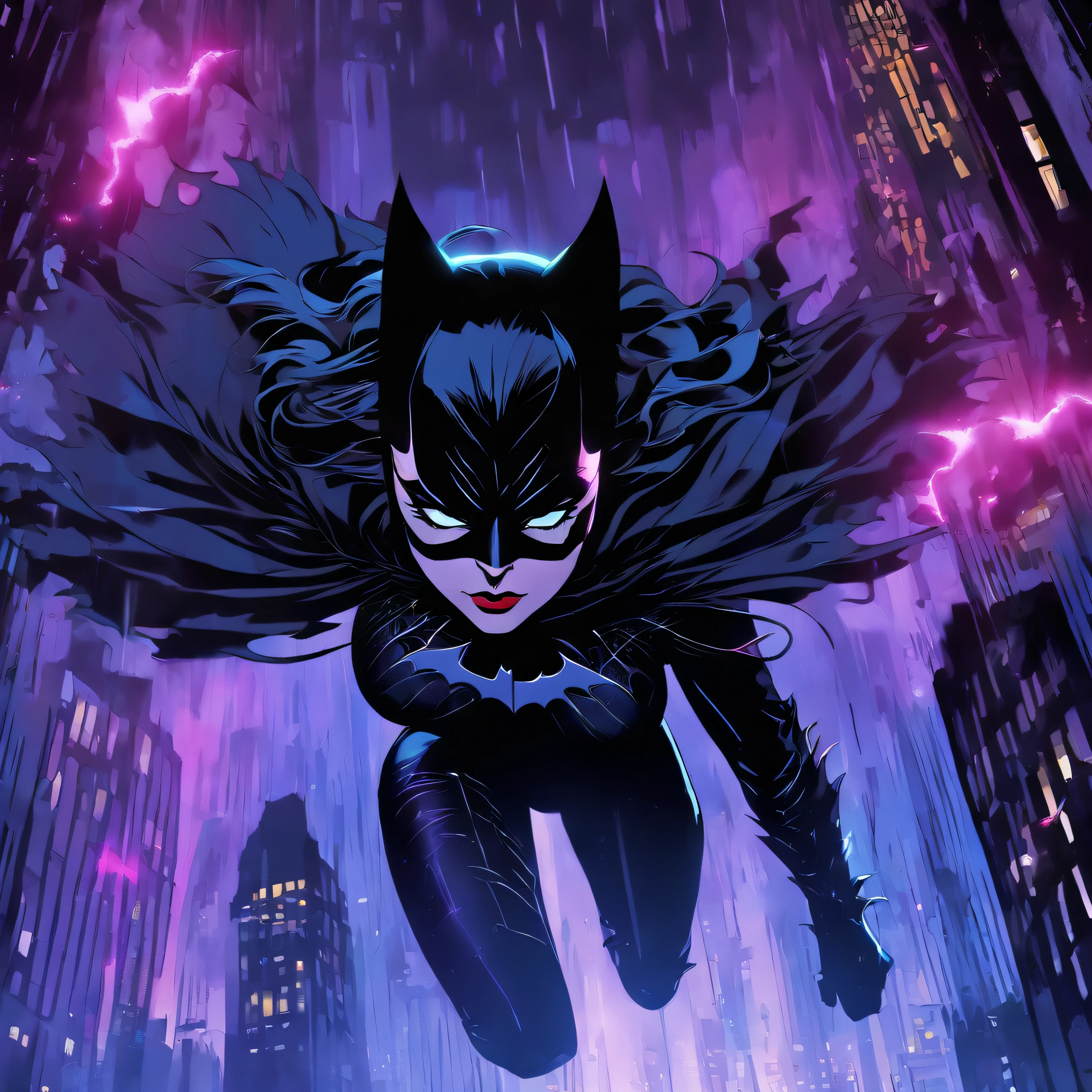 ** Photorealistic yet stylized, cel shaded anime, "The Dark Knight Rises" style, a chance encounter reveals Selina Kyle, aka Catwoman, from "The Dark Knight Rises." Anne Hathaway's performance is fascinating. Her emotions, in a close-up portrait, depict a feline-inspired vixen amidst a rain-soaked Gotham cityscape with a touch of sundew, cozy night, highly detailed, action, strong shadow effect, low angle view, chiaroscuro, beautiful lighting, cinematic, visual and aesthetic key to "The Dark Knight Rises" --niji version --s 115 --c 8 --ar 16:9 , picture of Selina Kyle , ((Cat woman)) from bat man rappelling down from a skylight at a night of a full moon into a back vault full of trip lasers to steal a red ruby diamond