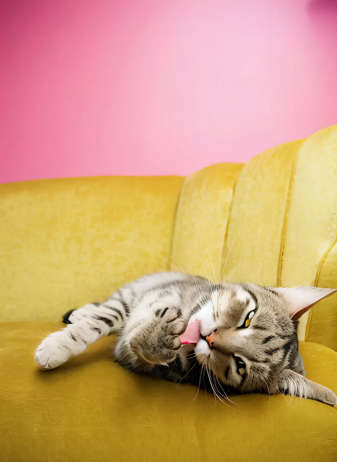 there is a cat laying on a couch with its head looking at the viewer, licking its front paw, funny cat, relaxed, cat photography