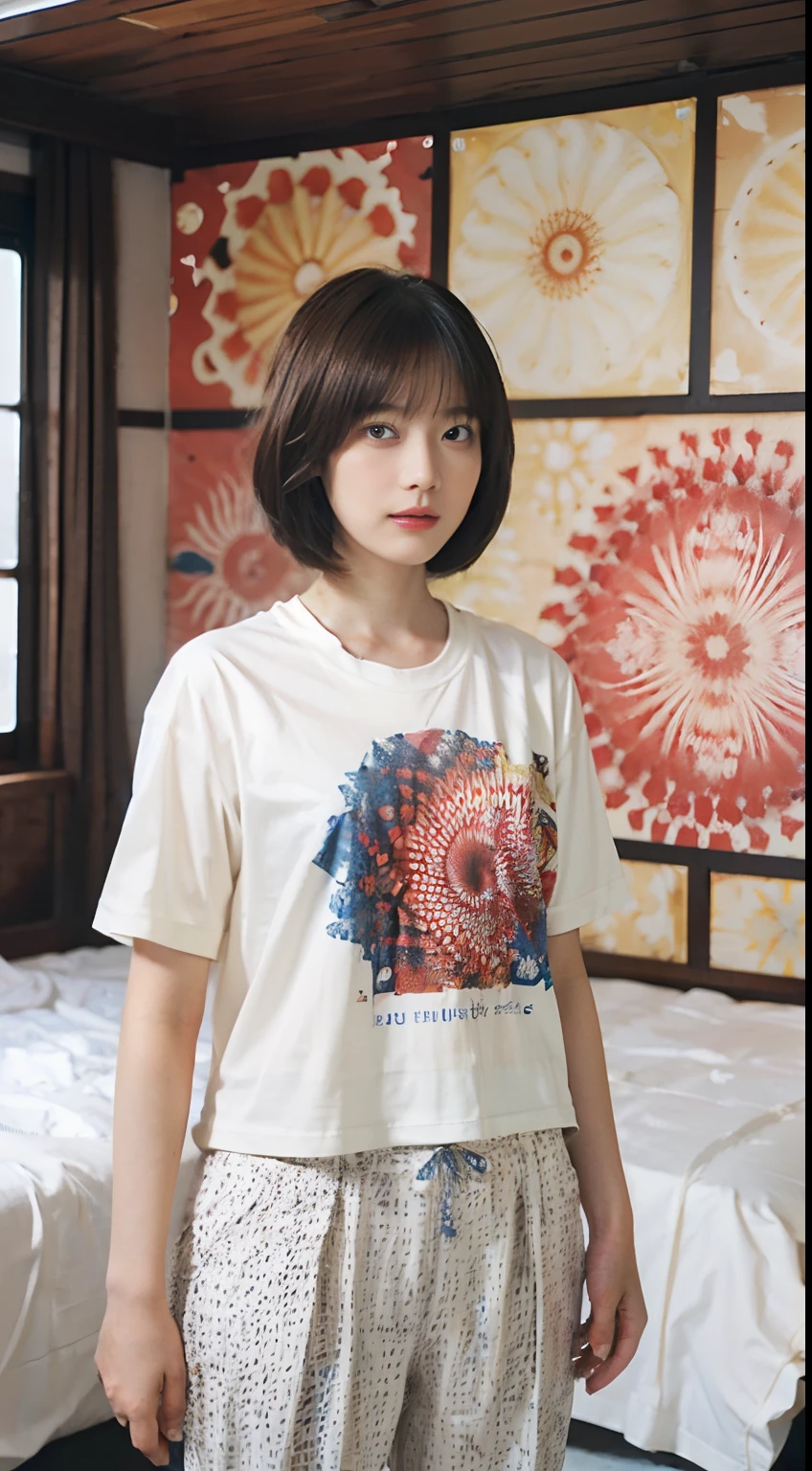 24
(Shorthair:1.23), (a 20 yo woman), (A hyper-realistic), (masutepiece), (8KUHD), Focus on the face, (Fractal Art:1.23),
Graphic T-shirt with anime characters printed, Breast, wear long pants, (The walls of the room are fractal abstractions:1.23)