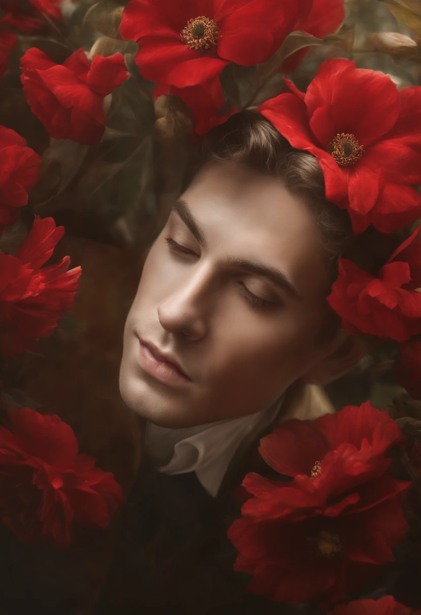 (best quality,highres,masterpiece:1.2),ultra-detailed,(realistic,photorealistic,photo-realistic:1.37),double exposure image with a man in the foreground,red flowers inside him,medium:oil painting,beautiful detailed eyes,soft skin,subtle expression,vivid colors,blurred background,creative lighting,gentle atmosphere,symbolic elements,artistic composition,emotionally captivating,transcendent vibe,surreal touch,dreamy ambiance,harmonious fusion of man and nature,ethereal beauty,organic textures,contrast between the man and flowers,deep meaning,thought-provoking,seamless blend of realism and abstraction,unique perspective,rich storytelling,magical realism,mesmerizing visual impact,exquisite details,graceful movements,Revealing the shape of strong vitality,romantic aura,poetic essence