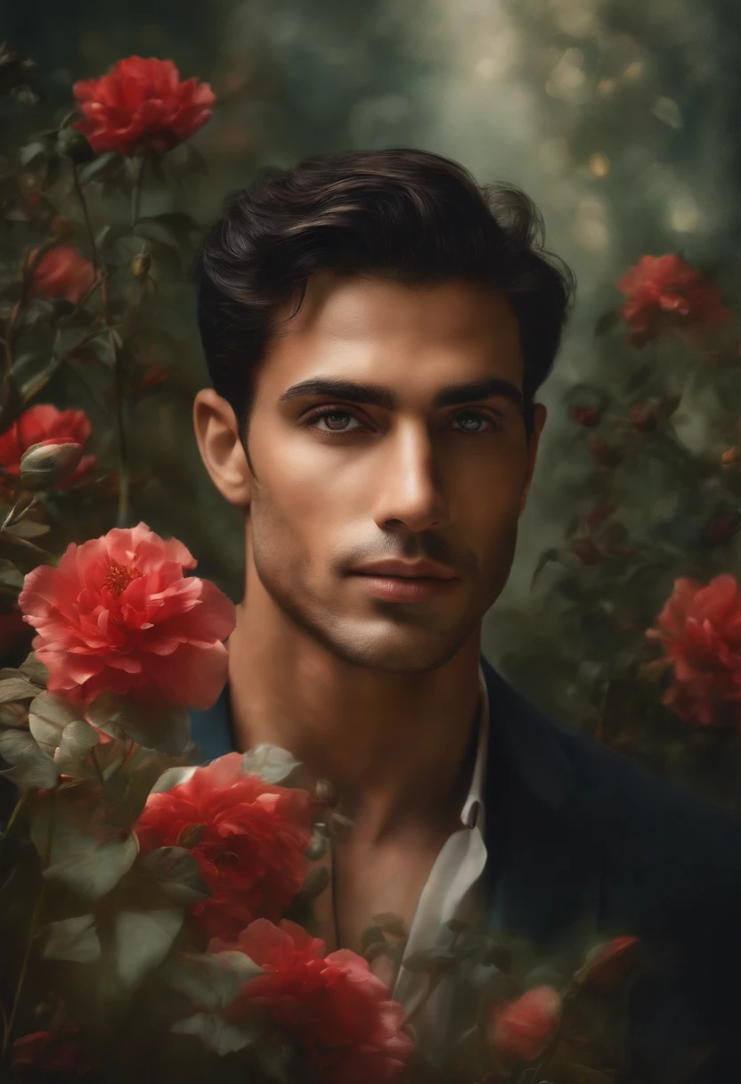 (absurdres, highres, ultra detailed), 1 male, solo, beautiful, handsome, extremely detailed facial features, tall muscular guy, smooth skin, sexy gaze, mature, verious red and pink roses around him, the man is standing comfortably in the roses, from directly above, gorgeous, wet, model pose, colorful, artistic, depth of field, focus on his calm facial features, elegant look, looking at the viewers romantically, shirtless, bare body, wearing a winter coat and a brief, touching his chin,