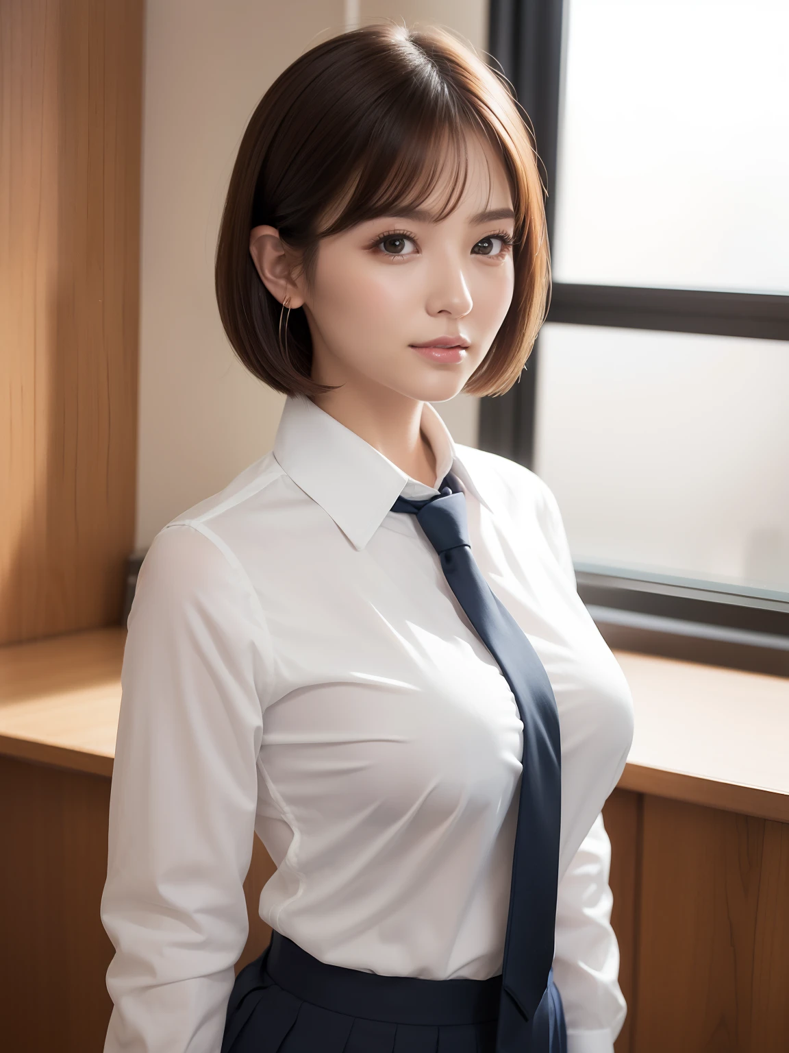 ((masterpiece))、((top-quality))、a picture、Realisticity、high-level image quality、Advanced depth of field、Realistic lighting、dynamic compositions、school classrooms、short-hair、Health Teacher、age 40s、Delicate and elaborate facial features、Realistic background、large full breasts、Sexy lips、Sensual smile、Stand in front of your desk in the office、Shirt and tie、The upper part of the body、a closeup、