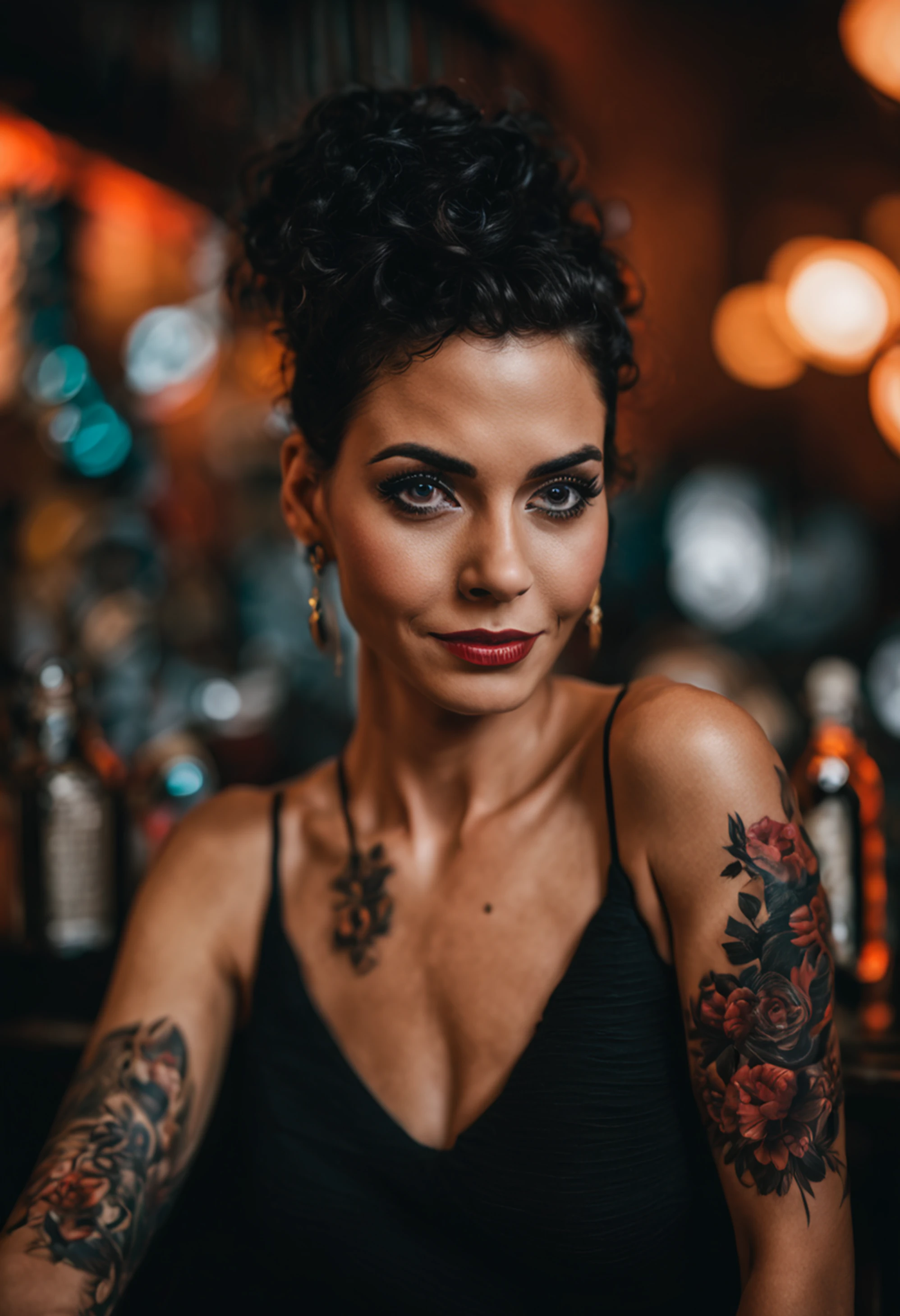 mulher 42 anos, cabelos curtos preto, pequena tatuagem de flores acima do seio direito, long eyeslashes, solid circle eyes, com brincos, sorriso leve, vestido vermelho, sentada em um bar sob luz neon, sombra projetada, atmosphric perspective, super detalhe, preciso, melhor qualidade, 8k, 8k