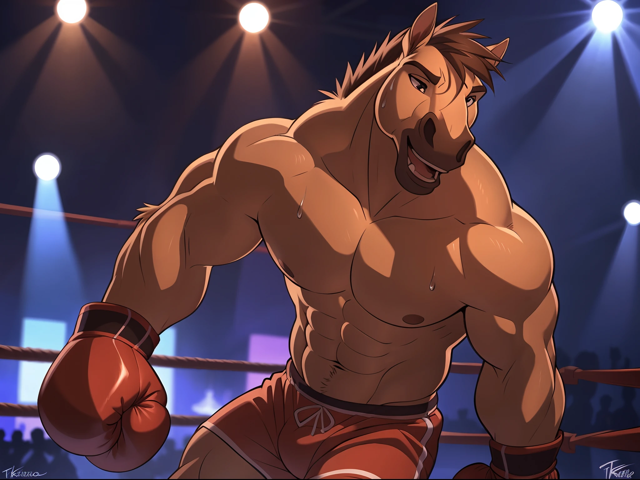 anthro horse:1, lora:spirit, (front view:1.2). 4k, high resolution, best quality, posted on e621, solo, anthro body, male, adult, masculine, (slim, strong pectorals, define muscles, muscular shoulders), correct anatomy, (boxing ring background, gym background), (blurry background, out-of-focus background:1.2), (by takemoto arashi:1.0), (by Taran Fiddler:0.5), sexy, (cel shaded, cartoony shading:1.2), black lineart, black outline, flat coloring, (strong shadows, dark shadows:1.2), (pink shorts, topless, boxing gloves), sexy shadows, horse tail, slim posture, grin, open mouth, sticking out tongue, cute eyes, detailed eyes, tilted head, exhausted, wet sweat:1.2, fallen:1, (lying on back):1.2, lying on ropes, spreaded legs, spreaded arms