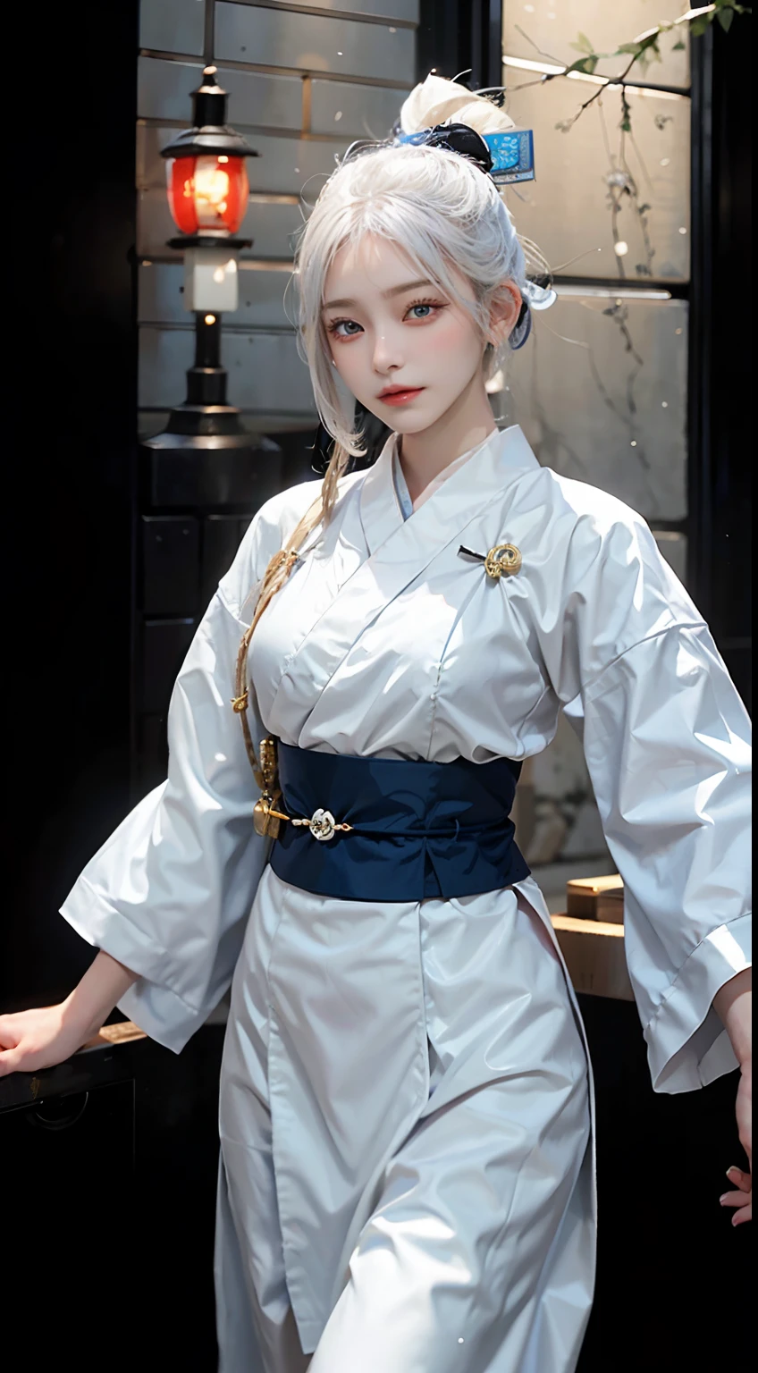 A transcendent beautiful girl with white hair and blue eyes、Standing dressed as a Japan samurai。Its white hair flutters in the wind、Blue eyes have a piercing gaze。She wears traditional samurai attire.、The bright kimono and helmet accentuate its stateliness.。The helmet is decorated with silver ornaments.、I carry a sword。She has the spirit of bushido.、It expresses elegance and strength at the same time。Her presence is、Symbolizing the pride and beauty of the samurai、It makes you feel the fusion of history and modernity。