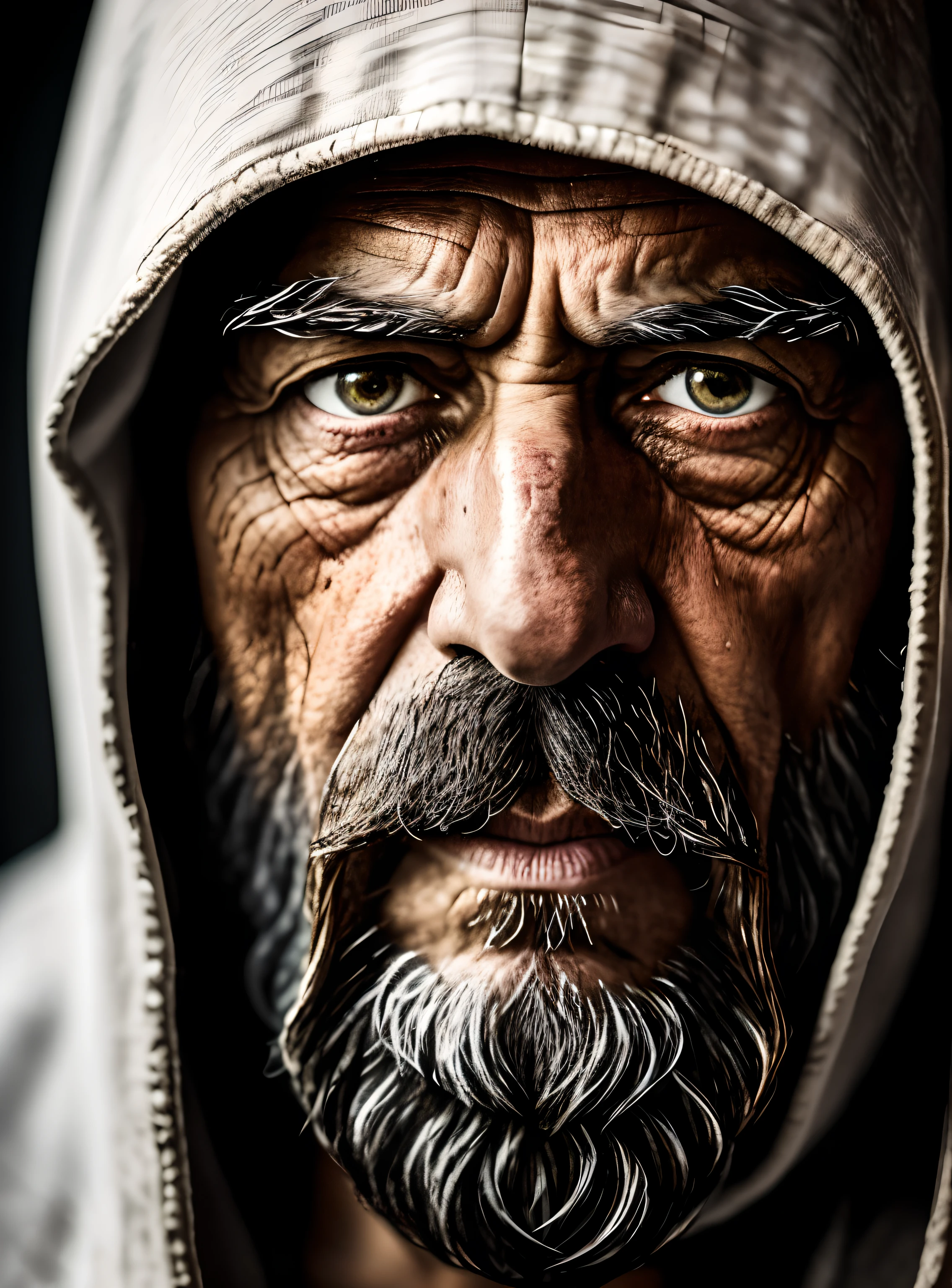 An epic close up portrait of elderly intense sinister eyes, and nose with long white beard, framed with a faded ancient tattered white linen hood, reflecting gold sparks in the irises of the eyes, white eyebrows, at night, dramatic lighting, high contrast, highest definition, hyperrealism, hyperrealistic, photorealistic, high resolution, hdr photography, 8k