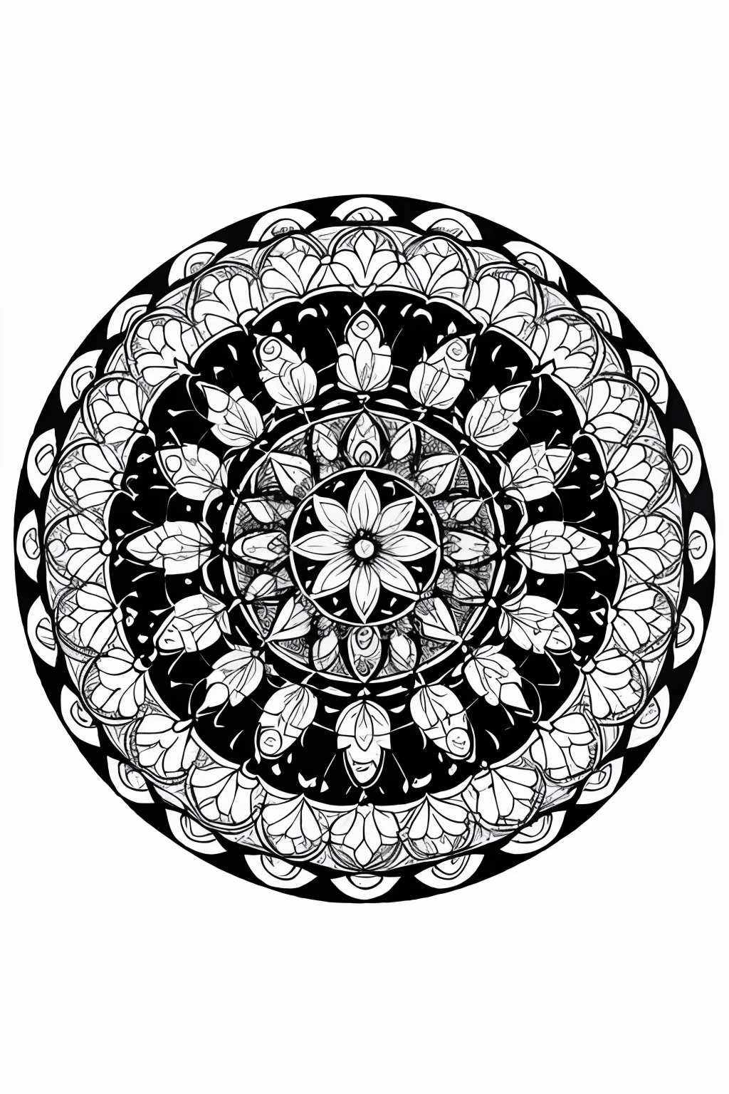 coloring book、a Mandala、florals、black-and-white、illustratio、White background