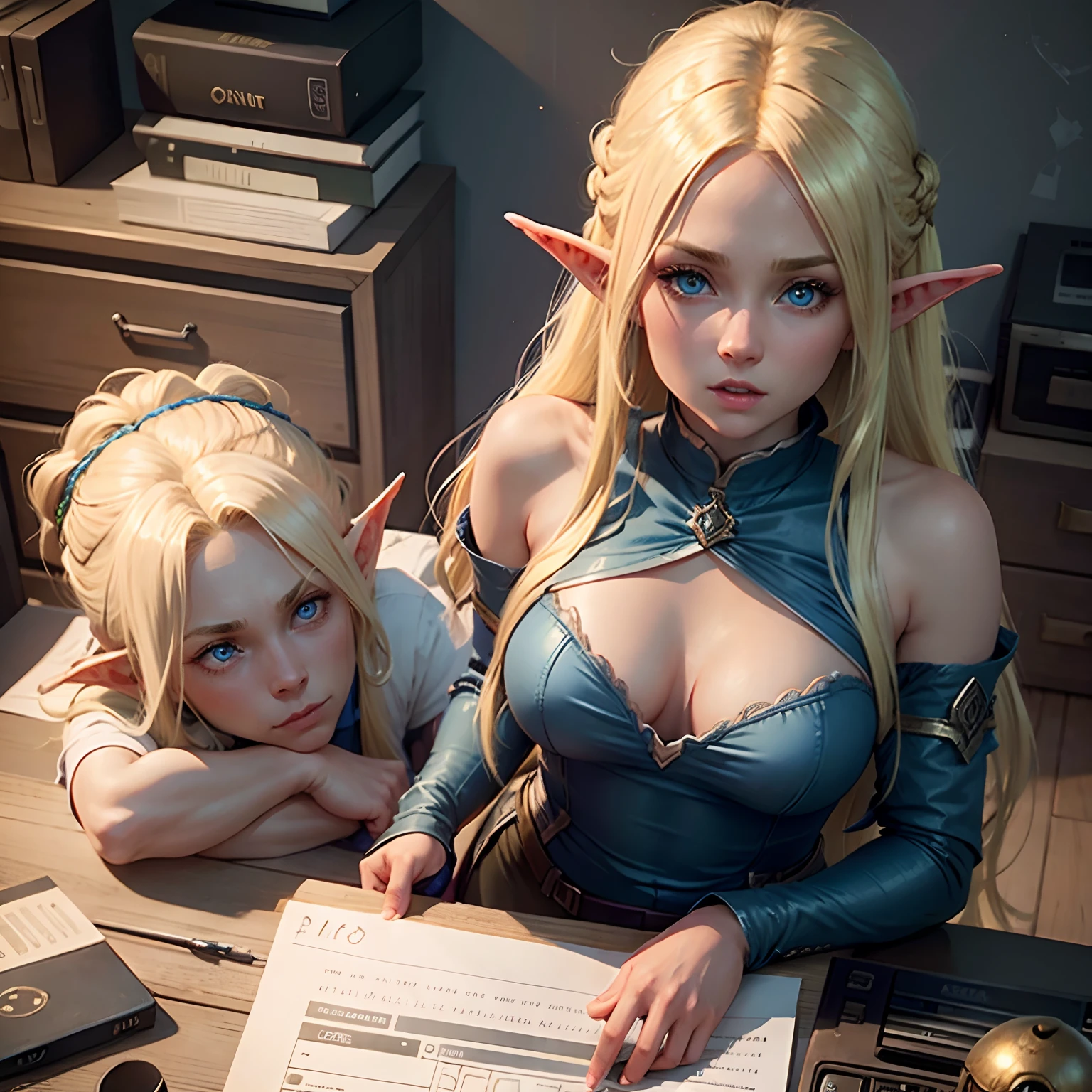 Young blonde elf girl with long hair and blue eyes, Work at the desk, Talking to an Orc in the Office.