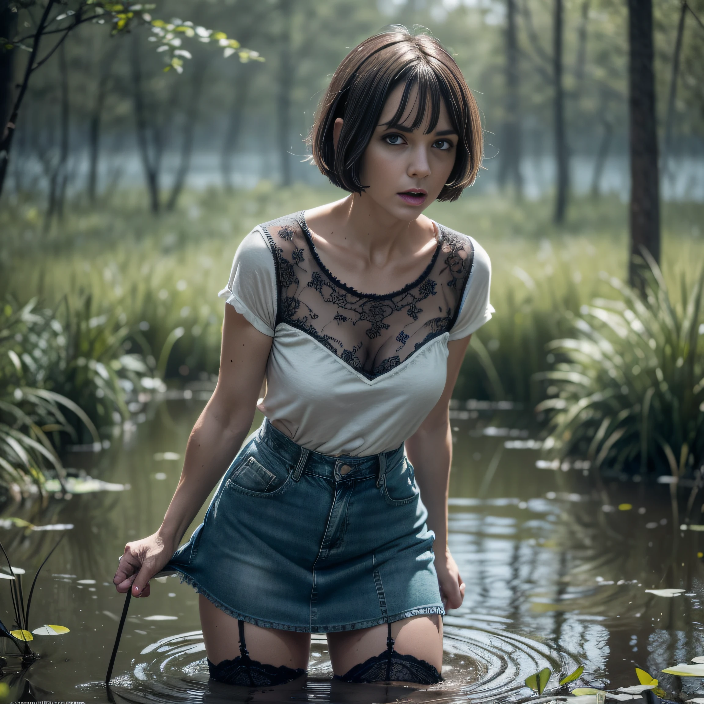 "(Best Quality,hight resolution:1.2),The woman,gray eyes,Expressive wrinkles,Bob haircut,Short denim skirt,tshirt,dark lace stockings with garters, standingn, ( drowning in a swamp:1.2),long eyelashes,expression of despair,Dark and moody lighting, terror. The pose expresses panic and awkwardness. Changes"