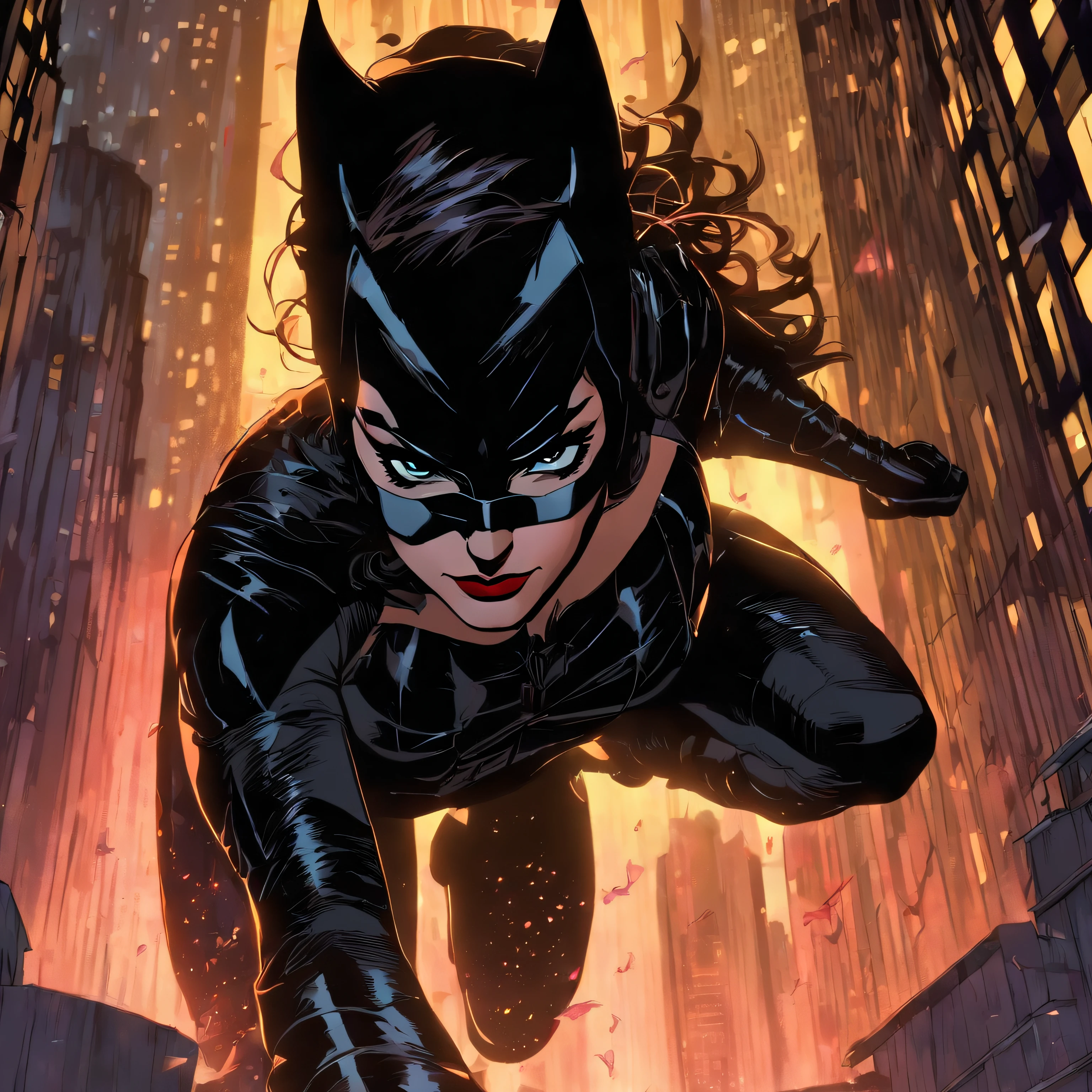 ** Photorealistic yet stylized, cel shaded anime, "The Dark Knight Rises" style, a chance encounter reveals Selina Kyle, aka Catwoman, from "The Dark Knight Rises." Anne Hathaway's performance is fascinating. Her emotions, in a close-up portrait, depict a feline-inspired vixen amidst a rain-soaked Gotham cityscape with a touch of sundew, cozy night, highly detailed, action, strong shadow effect, low angle view, chiaroscuro, beautiful lighting, cinematic, visual and aesthetic key to "The Dark Knight Rises" --niji version --s 115 --c 8 --ar 16:9 , picture of Selina Kyle , ((Cat woman)) from bat man rappelling down from a skylight at a night of a full moon into a back vault full of trip lasers to steal a red ruby diamond