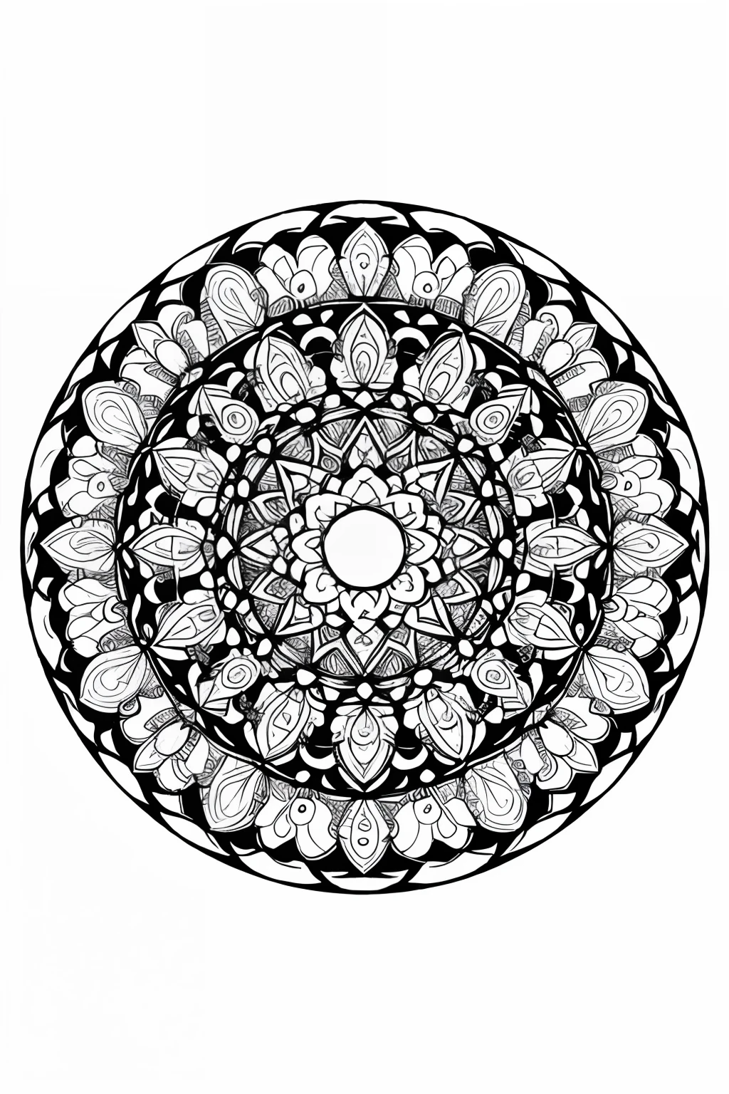 coloring book、a Mandala、florals、black-and-white、illustratio、White background