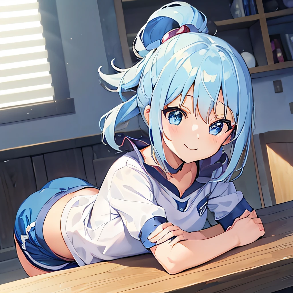 ((masutepiece)), ((Best Quality)), (Ultra-detailed), Anime style,  Cute *********** s, 1girl in, Solo, Gym Shorts 00, ((Beautiful eyes))0, Smile,blue hairs