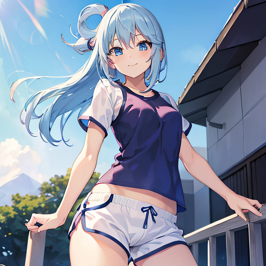 ((masutepiece)), ((Best Quality)), (Ultra-detailed), Anime style,  Cut s, 1girl in, Solo, Gym Shorts 00, ((Beautiful eyes))0, Smile,blue hairs